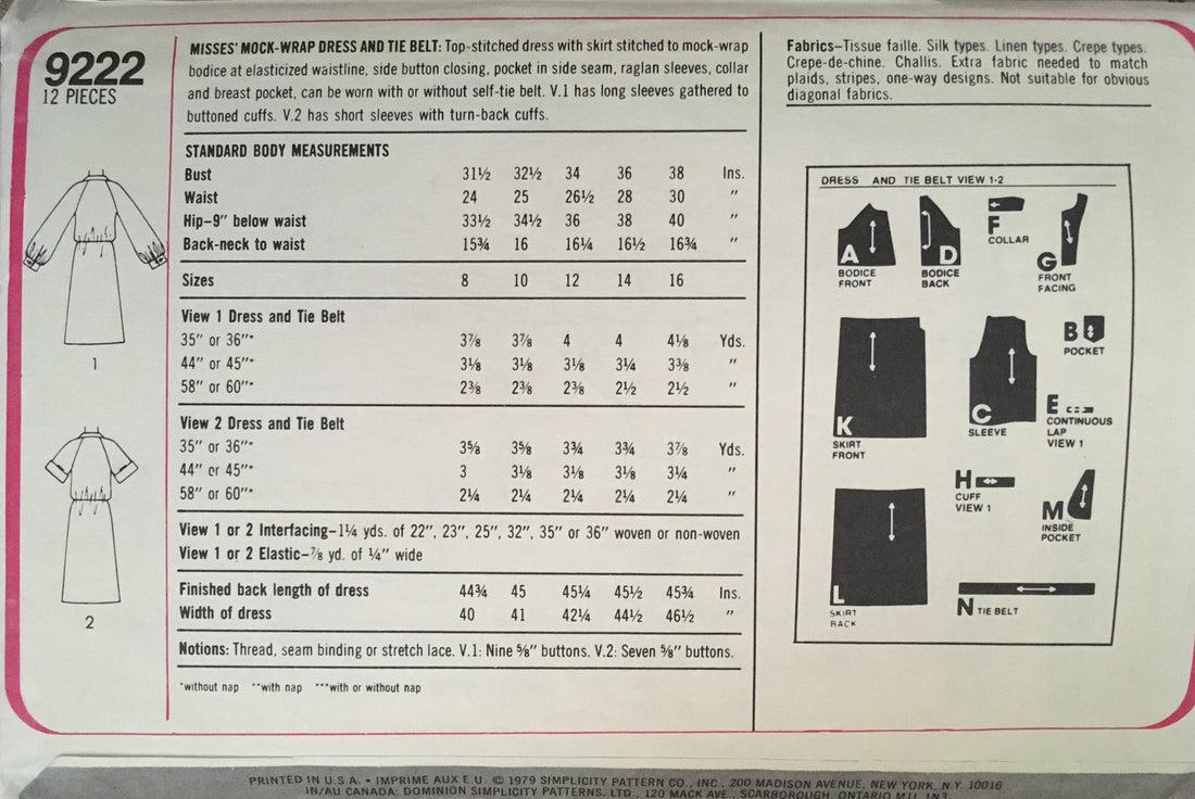 Simplicity 9222 Sewing Pattern (Vintage) CUT