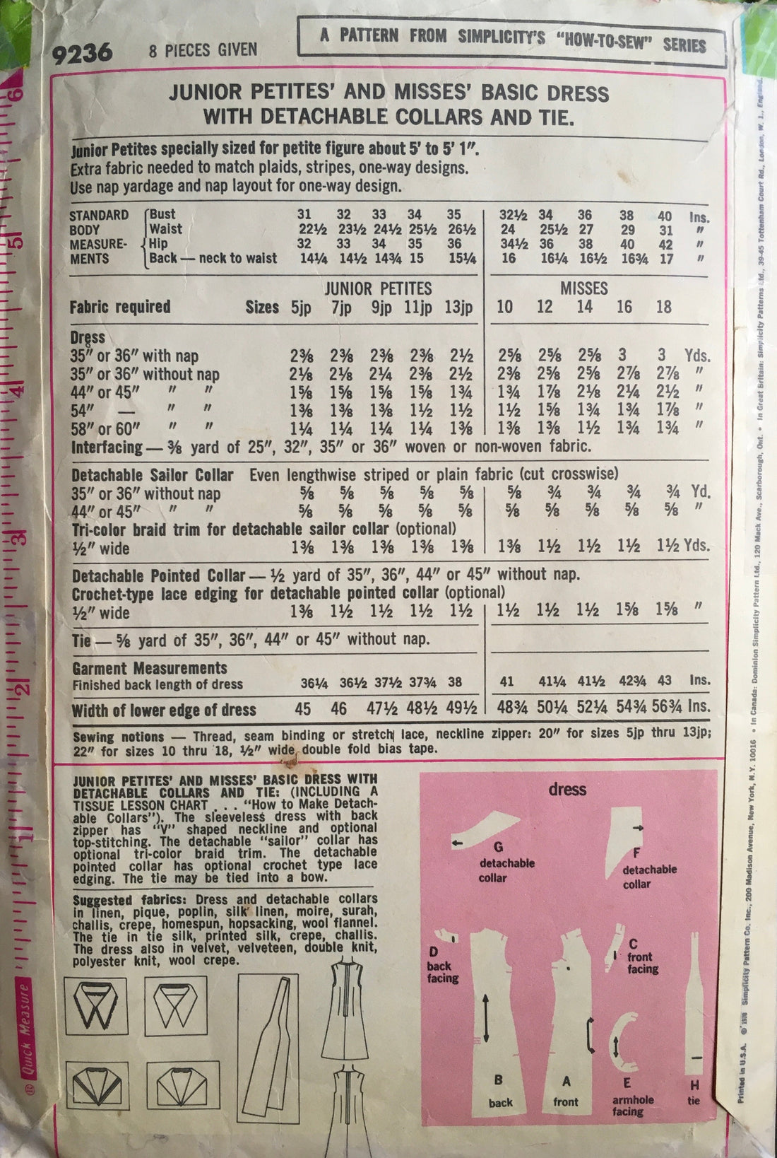 Simplicity 9236 Sewing Pattern (Vintage) CUT