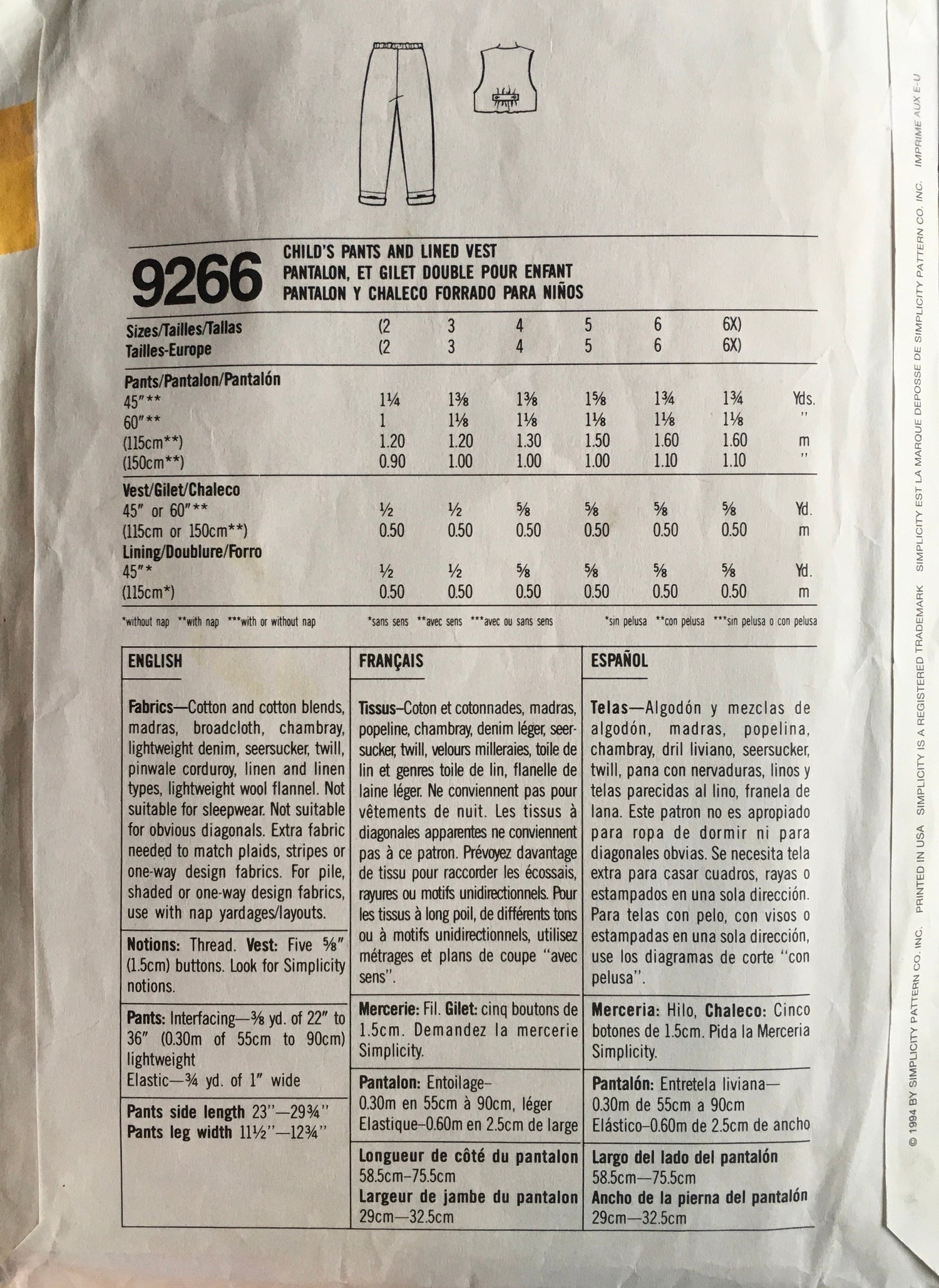 Simplicity 9266 Sewing Pattern (Vintage) CUT