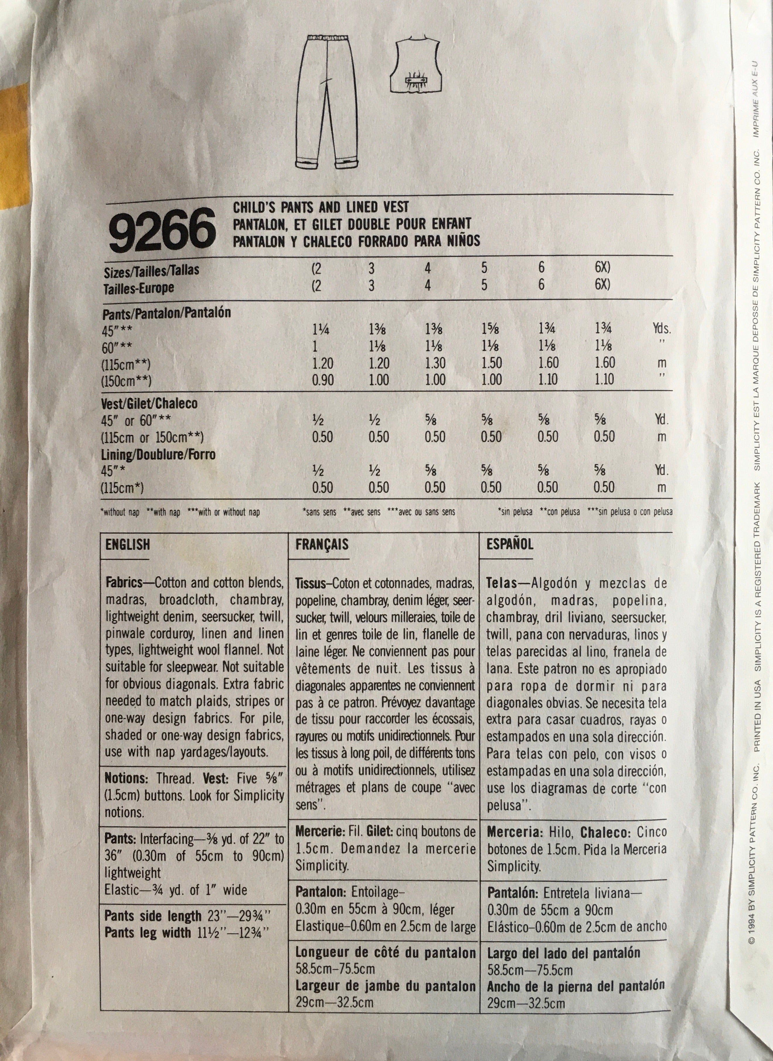 Simplicity 9266 Sewing Pattern (Vintage) CUT