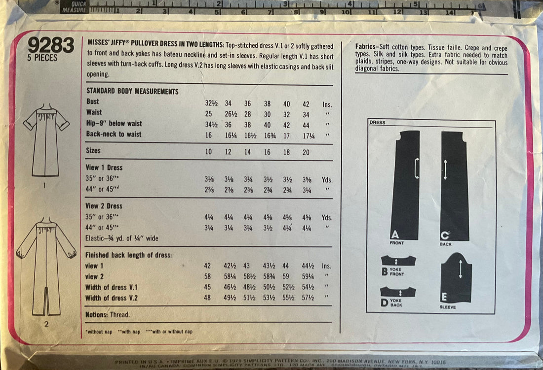 Simplicity 9283 Sewing Pattern (Vintage) CUT