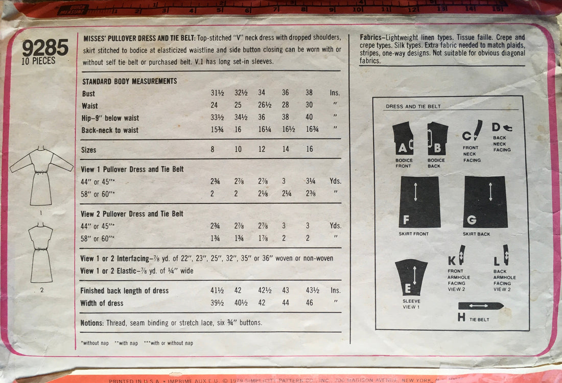 Simplicity 9285/9294 Sewing Pattern (Vintage) CUT