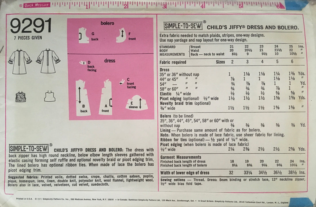 Simplicity 9291 Sewing Pattern (Vintage) CUT