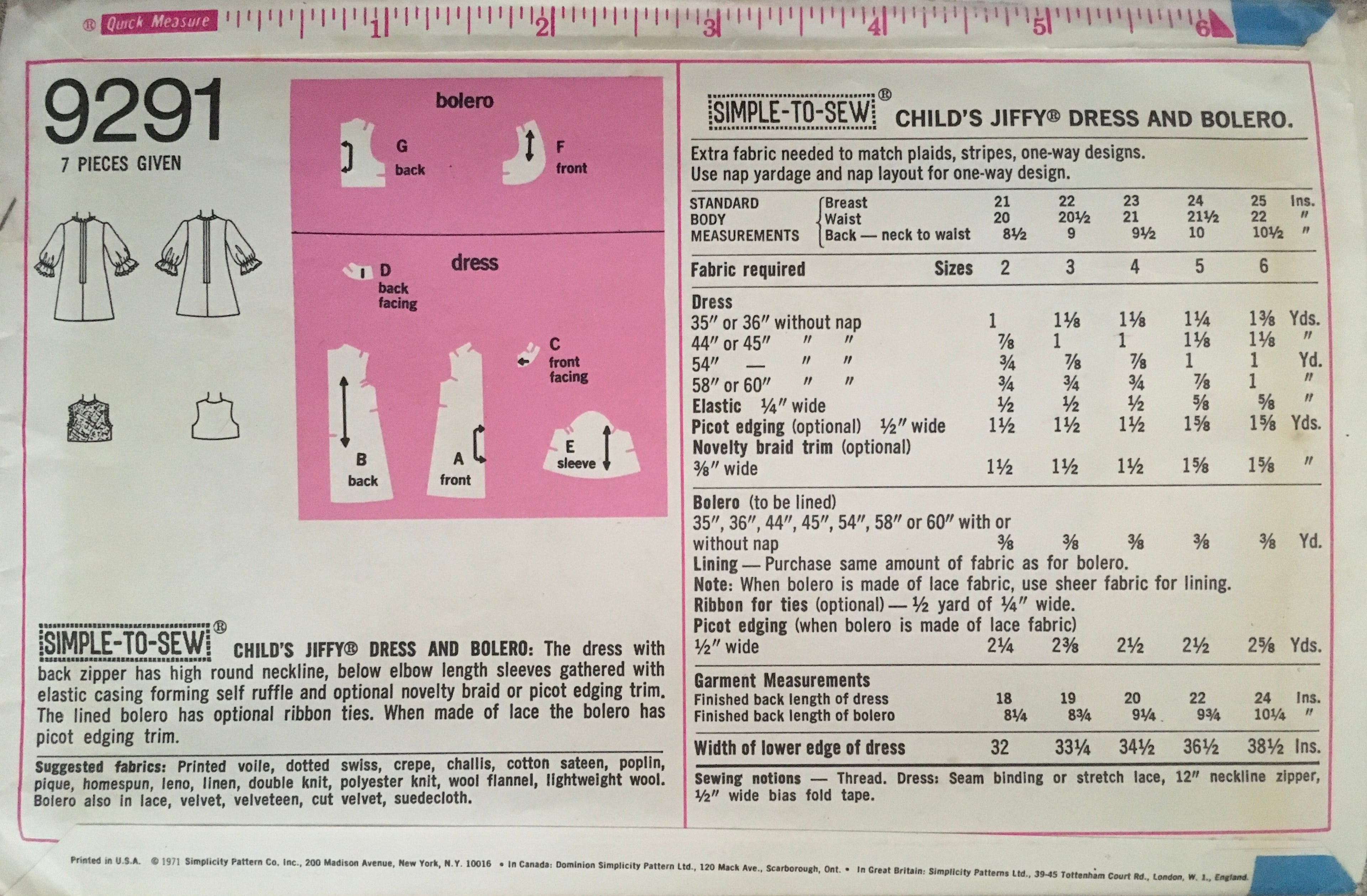Simplicity 9291 Sewing Pattern (Vintage) CUT