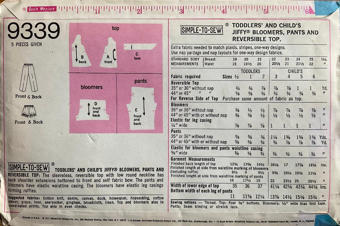 Simplicity 9339 Sewing Pattern (Vintage) UNCUT