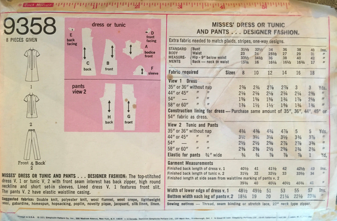 Simplicity 9358 Sewing Pattern (Vintage) CUT