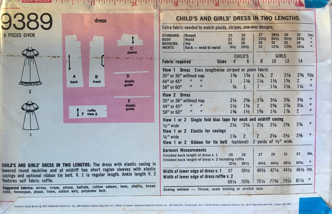 Simplicity 9389 Sewing Pattern (Vintage) CUT