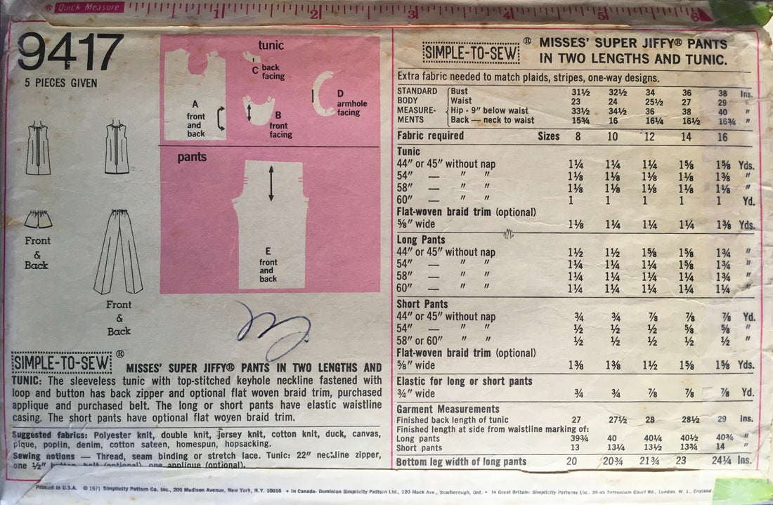 Simplicity 9417 Sewing Pattern (Vintage) UNCUT/CUT