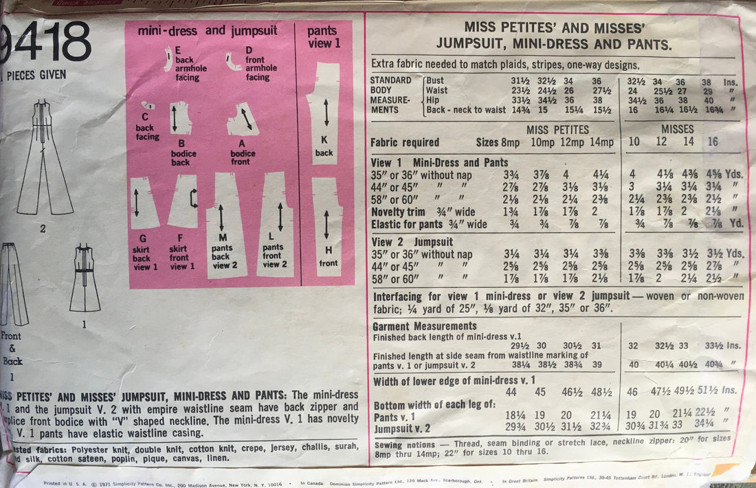 Simplicity 9418 Sewing Pattern (Vintage) CUT