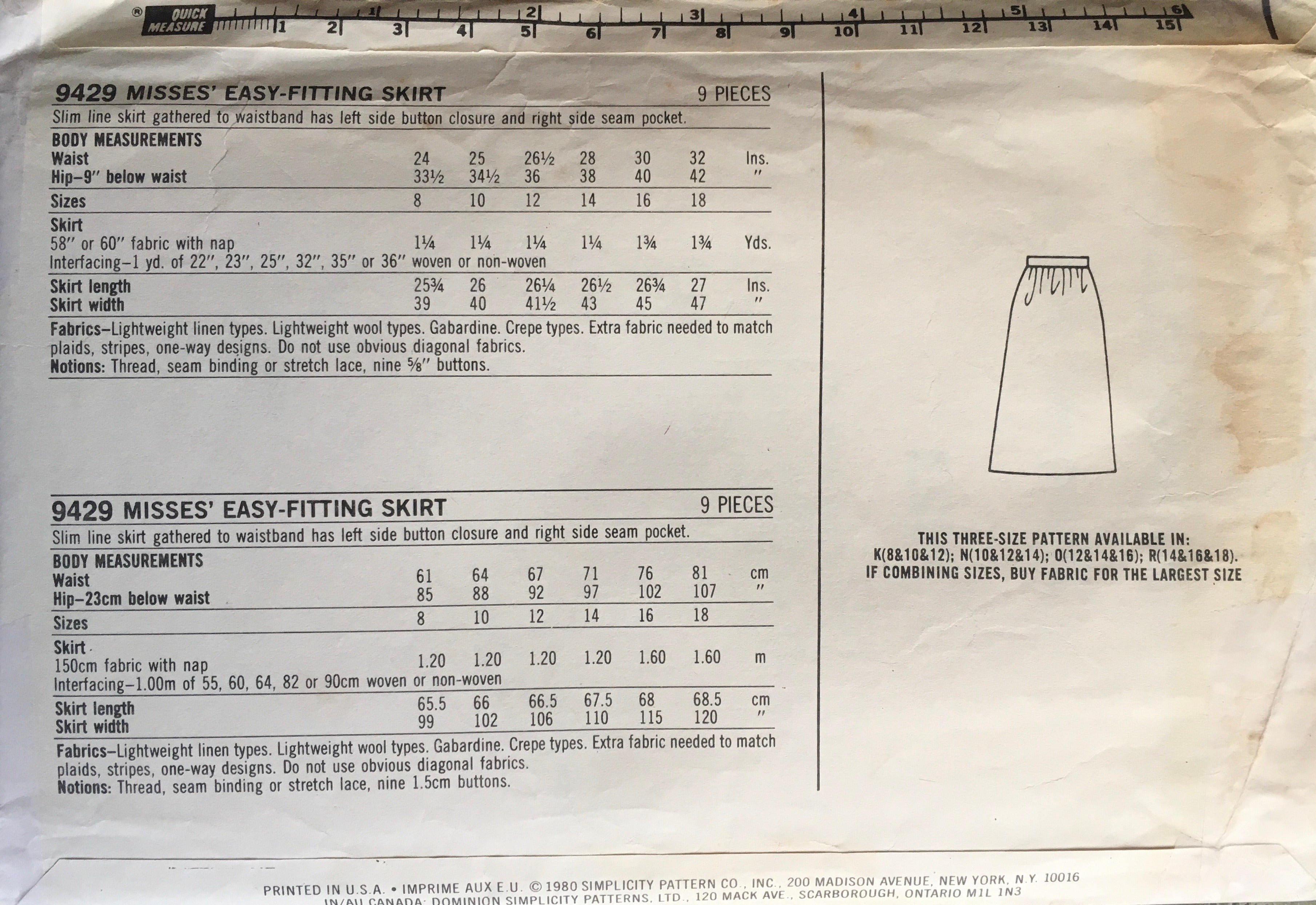 Simplicity 9429 Sewing Pattern (Vintage) UNCUT