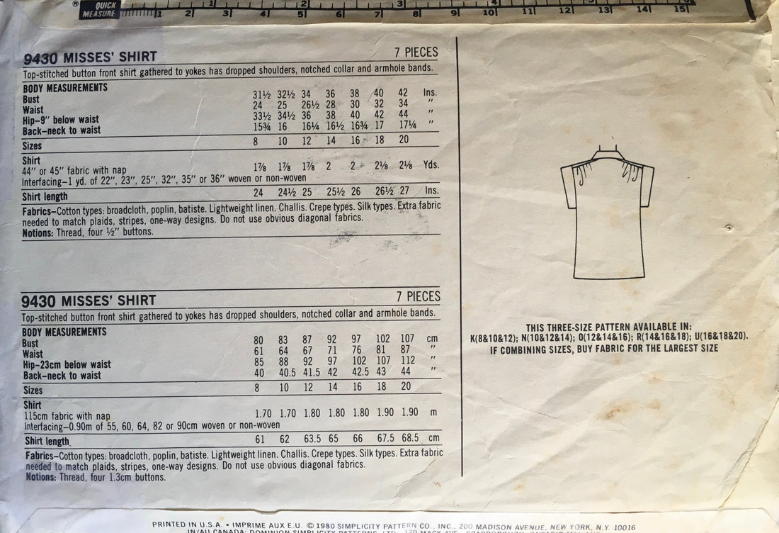 Simplicity 9430 Sewing Pattern (Vintage) CUT