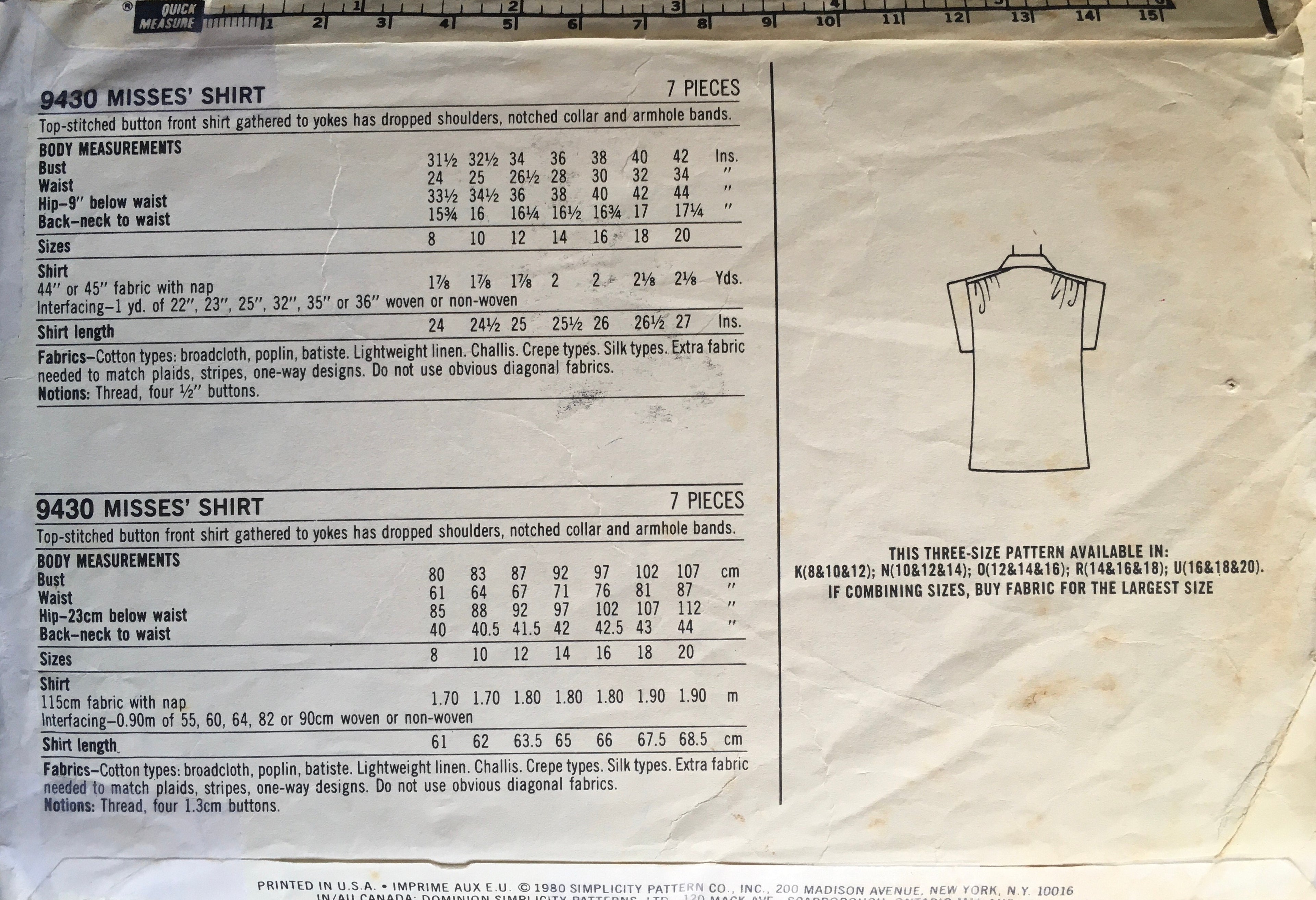 Simplicity 9430 Sewing Pattern (Vintage) CUT