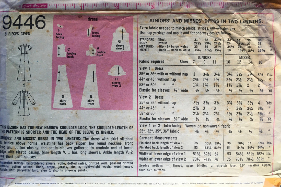 Simplicity 9446 Sewing Pattern (Vintage) CUT