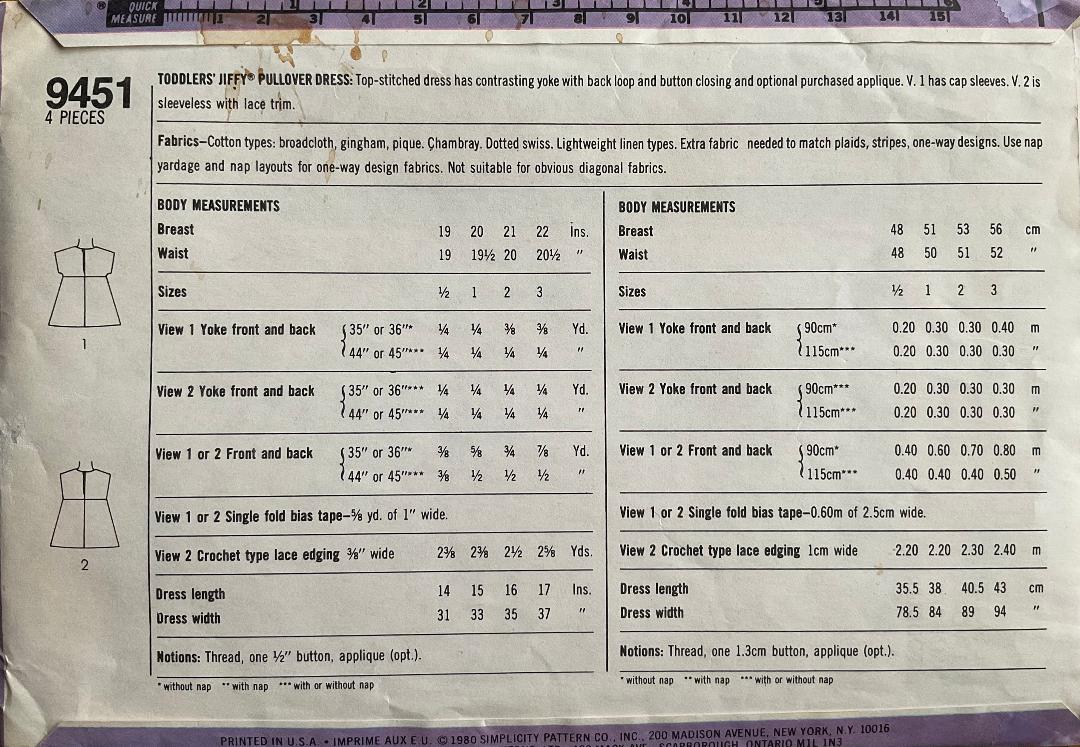 Simplicity 9451 Sewing Pattern (Vintage) CUT