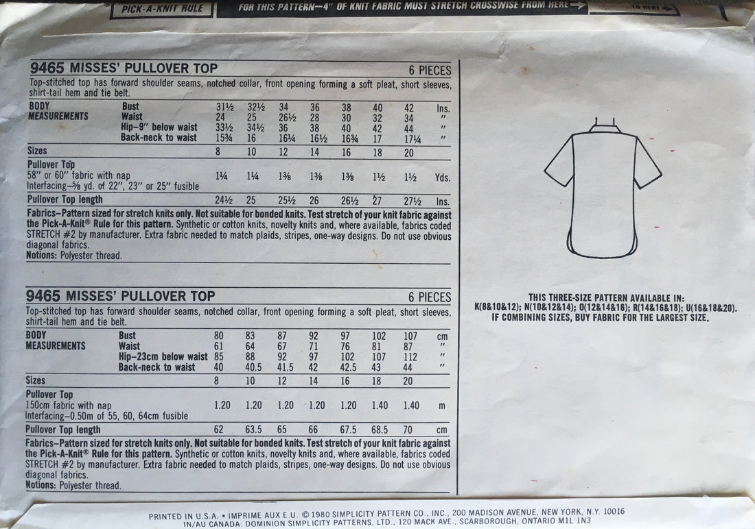 Simplicity 9465 Sewing Pattern (Vintage) CUT