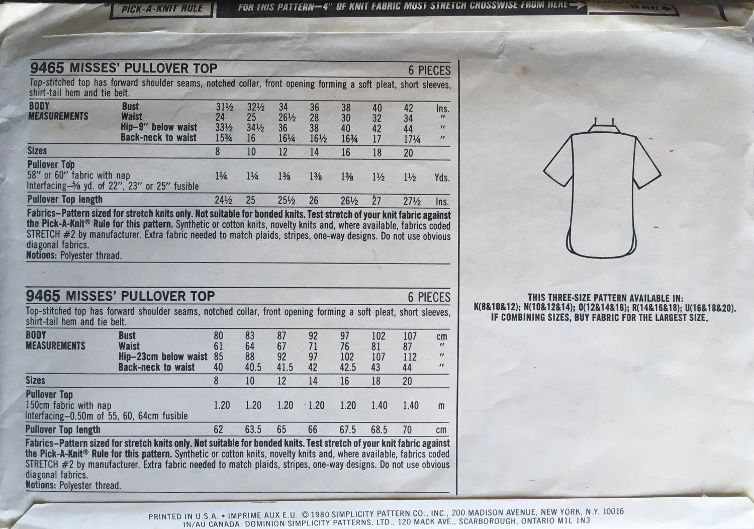 Simplicity 9465 Sewing Pattern (Vintage) CUT