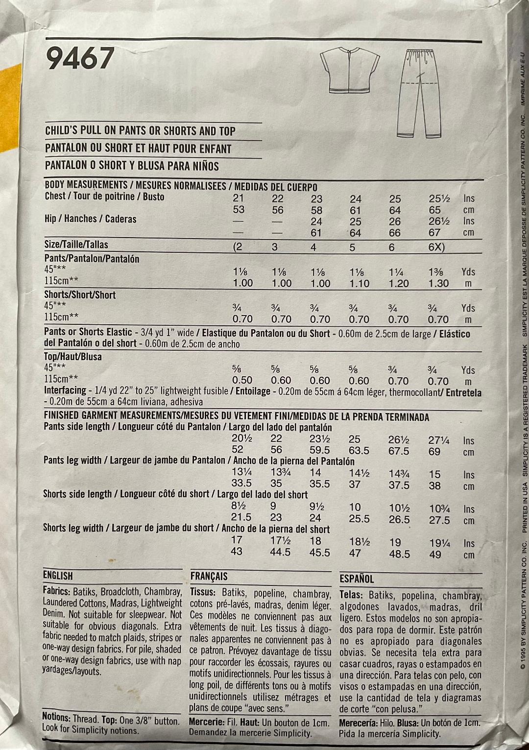 Simplicity 9467 Sewing Pattern (Vintage) UNCUT