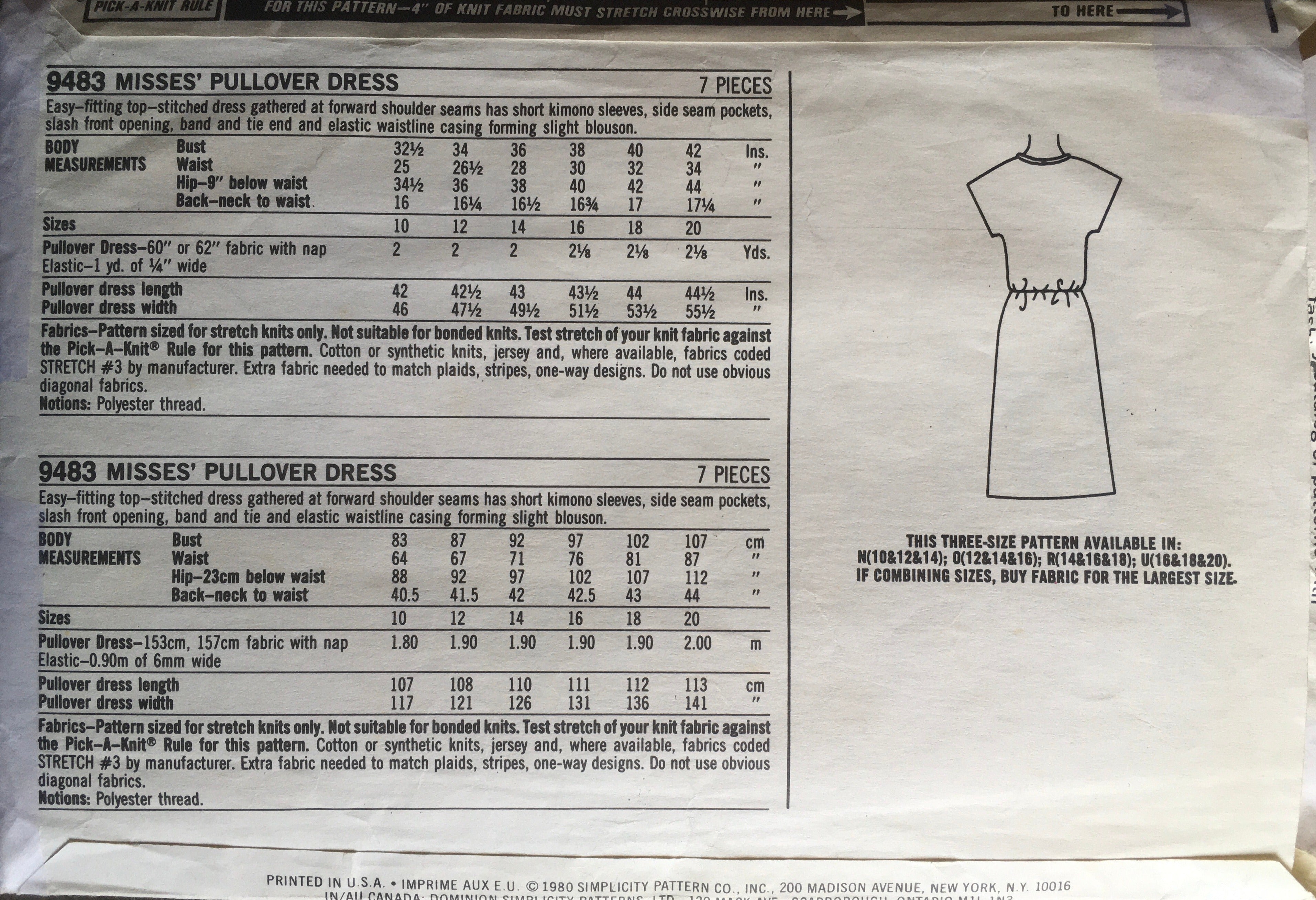 Simplicity 9483 Sewing Pattern (Vintage) CUT