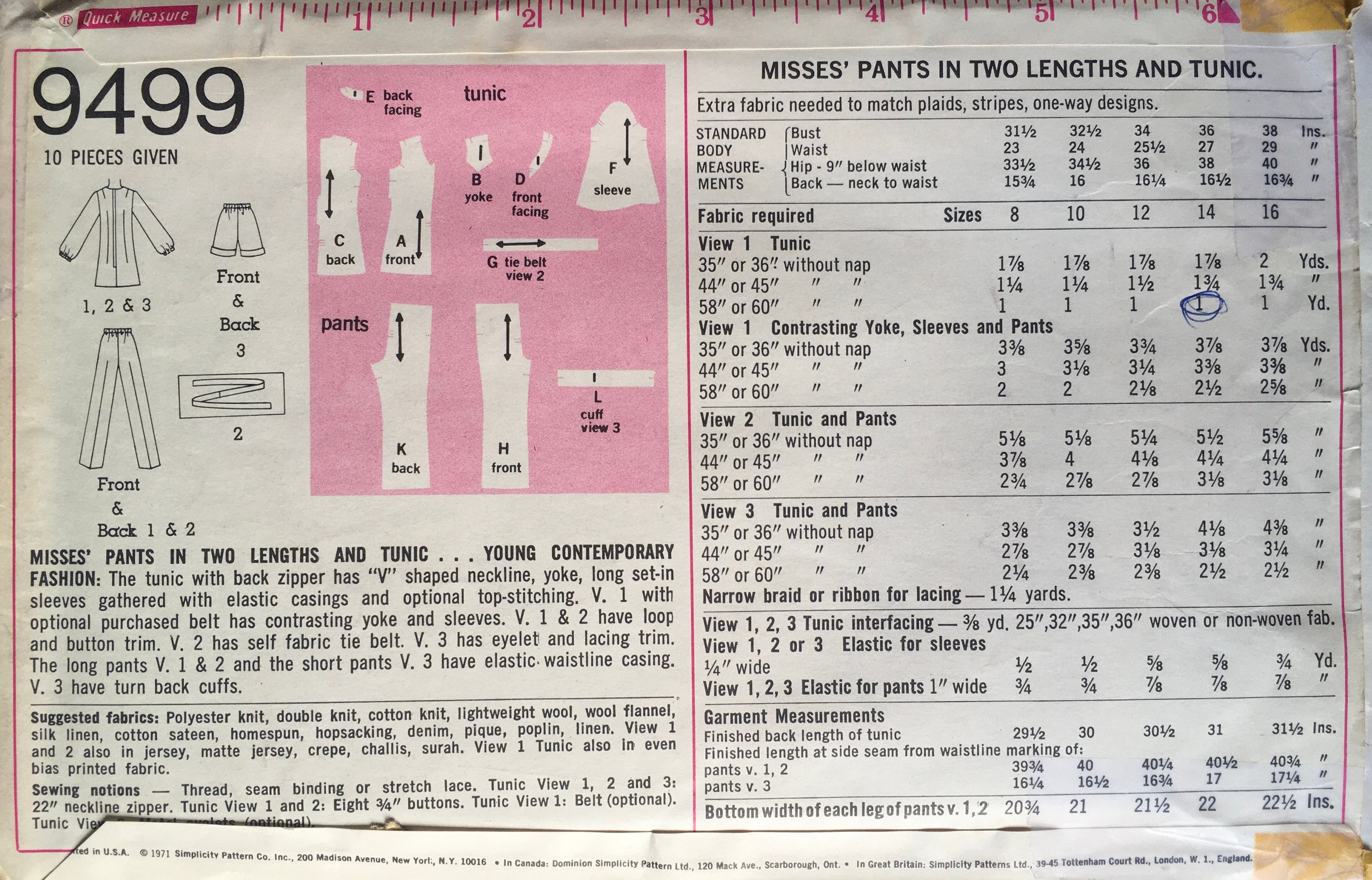 Simplicity 9499 Sewing Pattern (Vintage) UNCUT