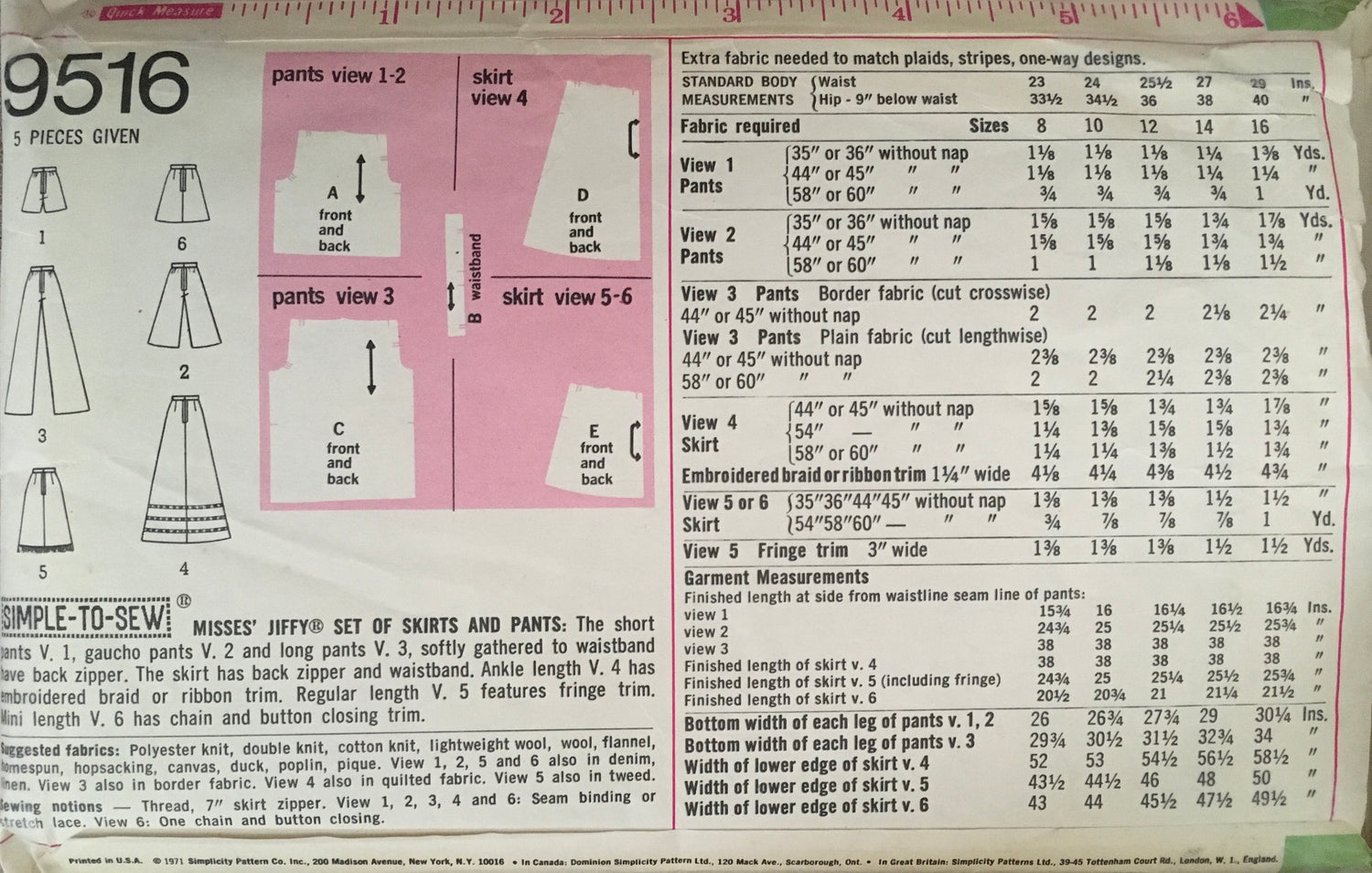 Simplicity 9516 Sewing Pattern (Vintage) CUT
