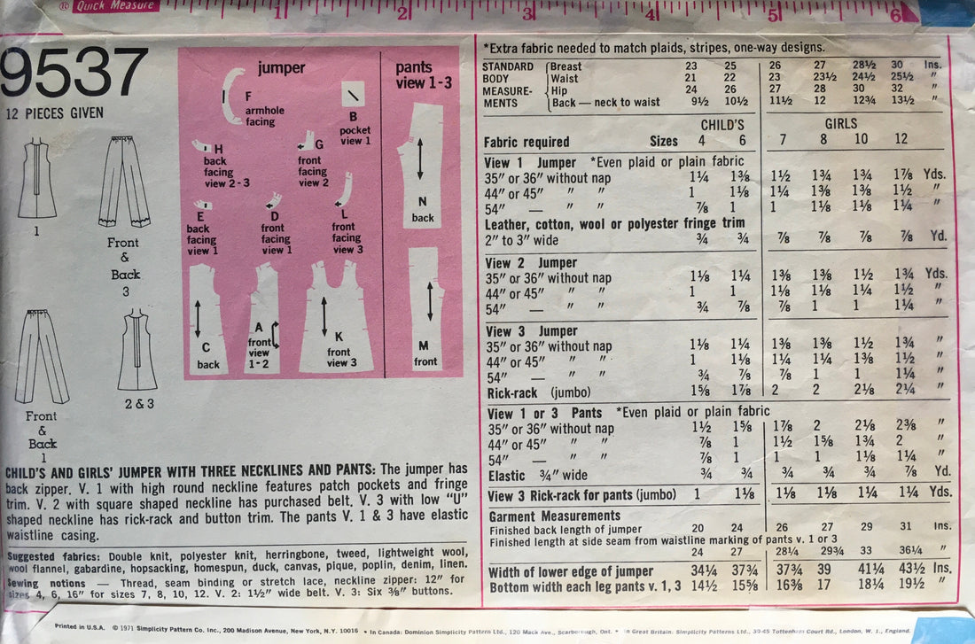 Simplicity 9537 Sewing Pattern (Vintage) CUT