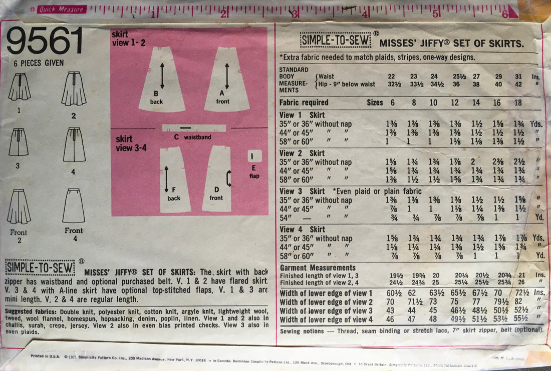 Simplicity 9561 Sewing Pattern (Vintage) CUT