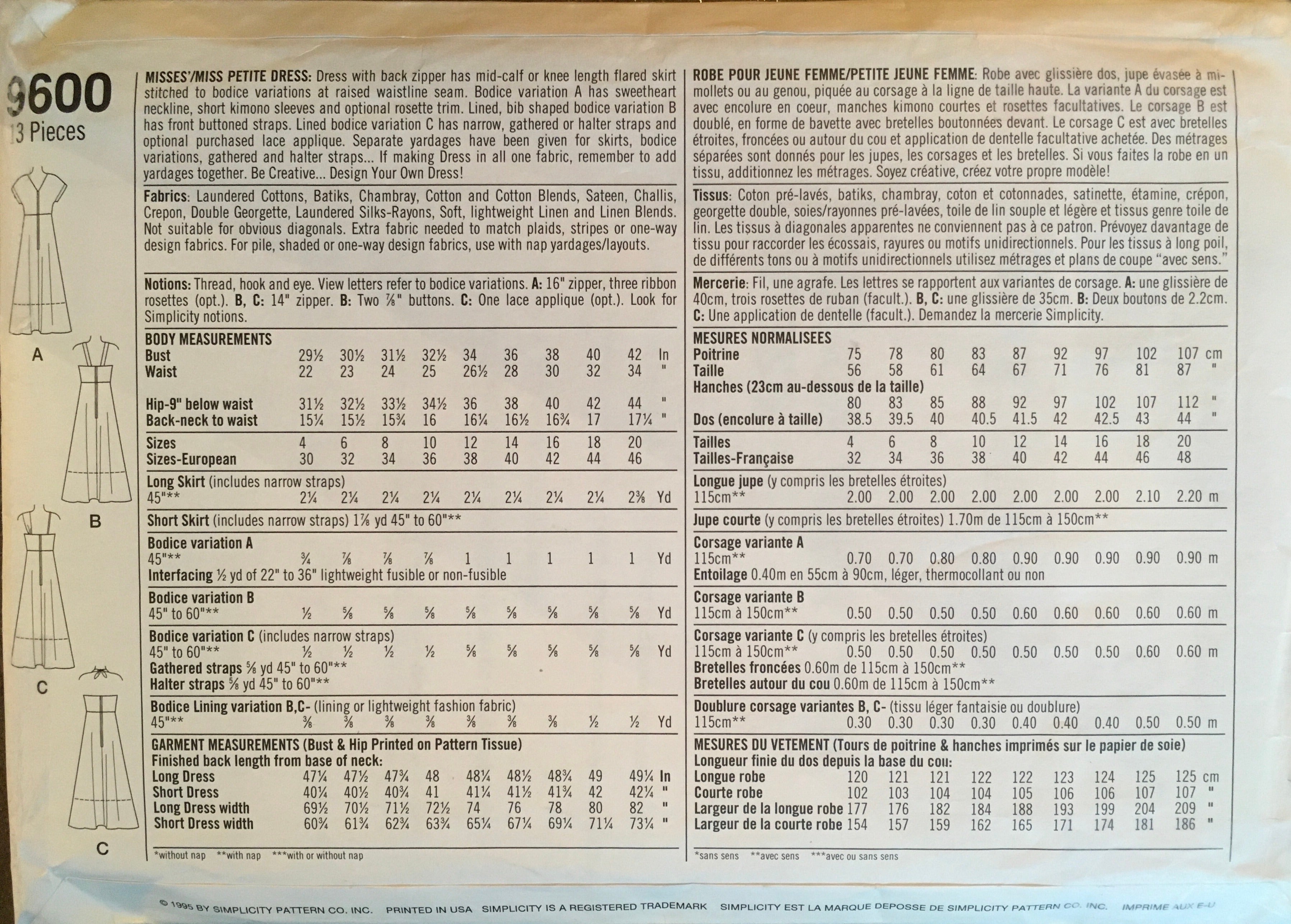 Simplicity 9600 Sewing Pattern (Vintage) CUT