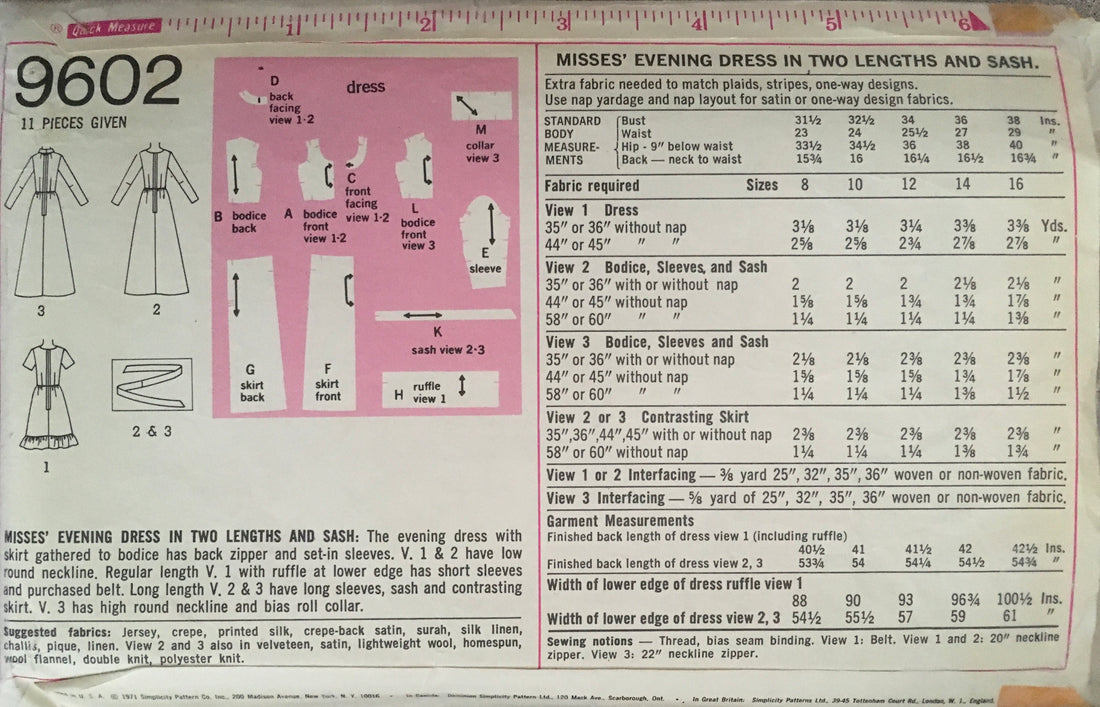 Simplicity 9602 Sewing Pattern (Vintage) UNCUT/CUT