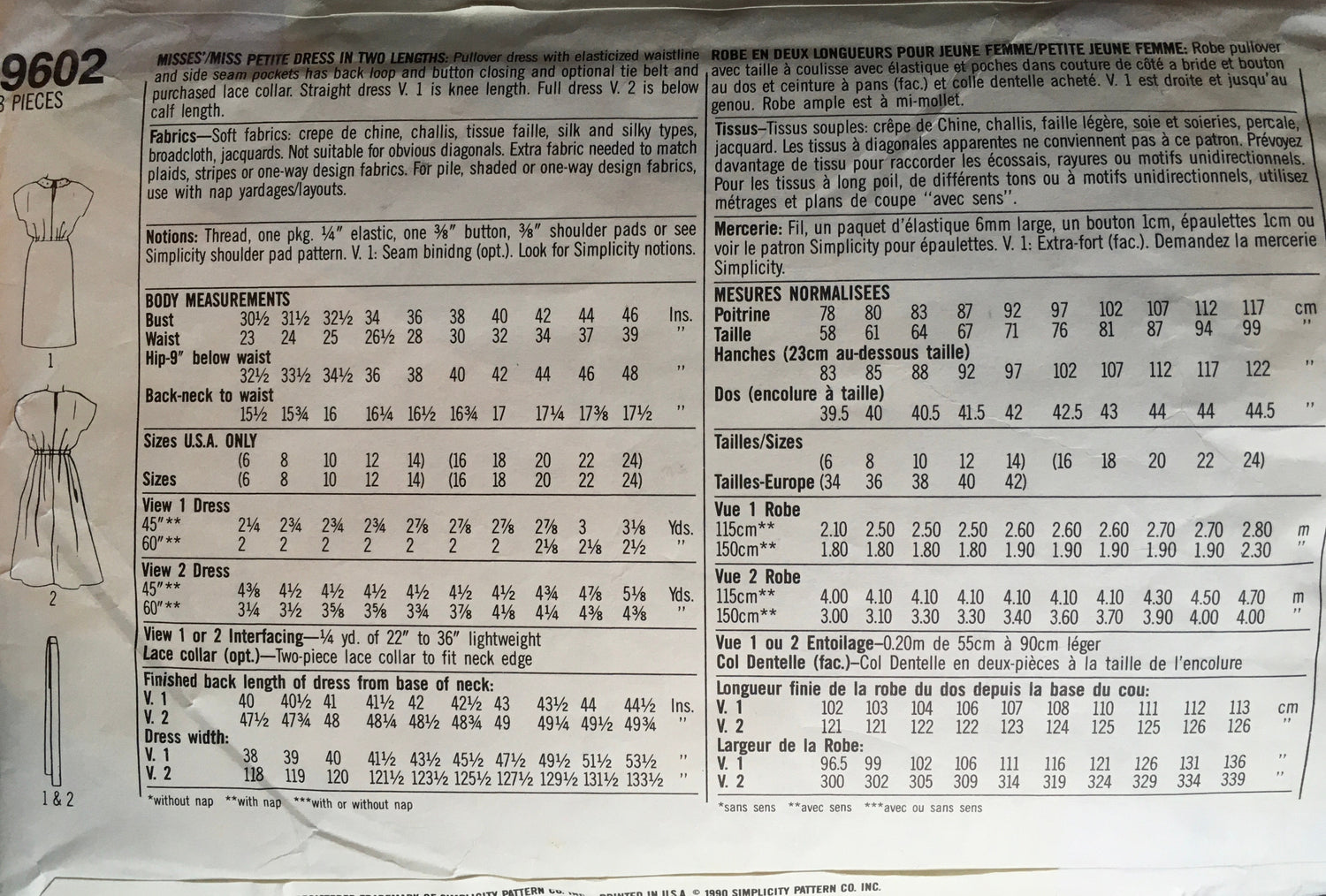 Simplicity 9602 Sewing Pattern (Vintage) CUT