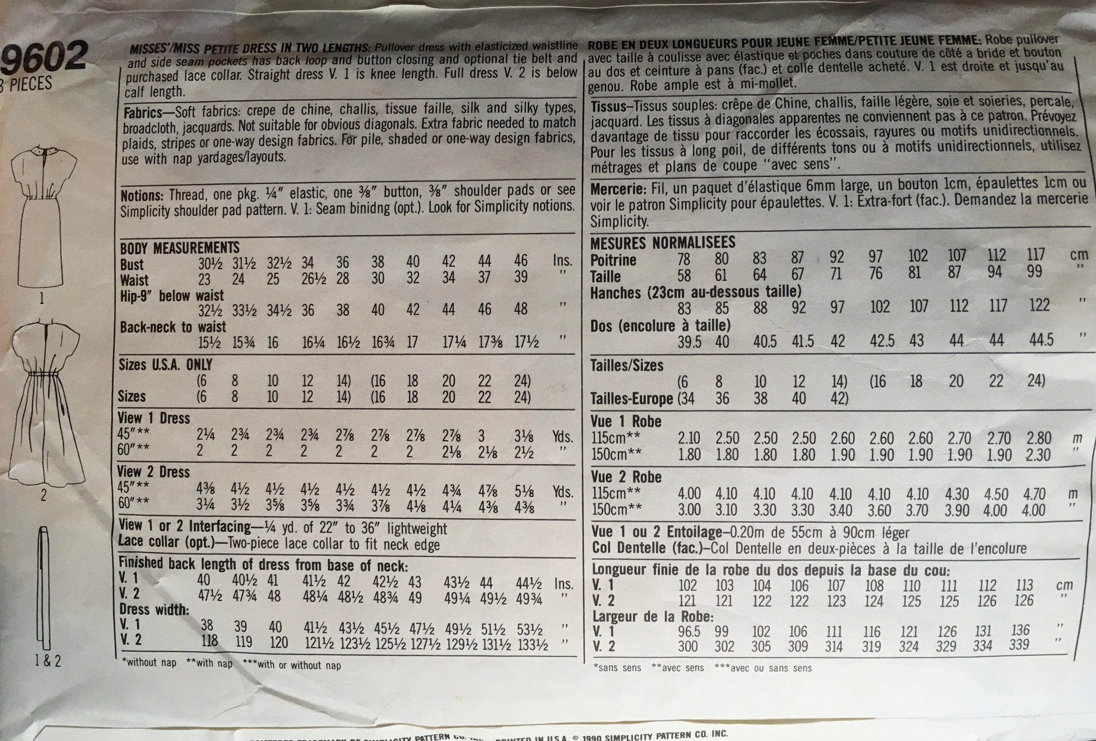Simplicity 9602 Sewing Pattern (Vintage) CUT