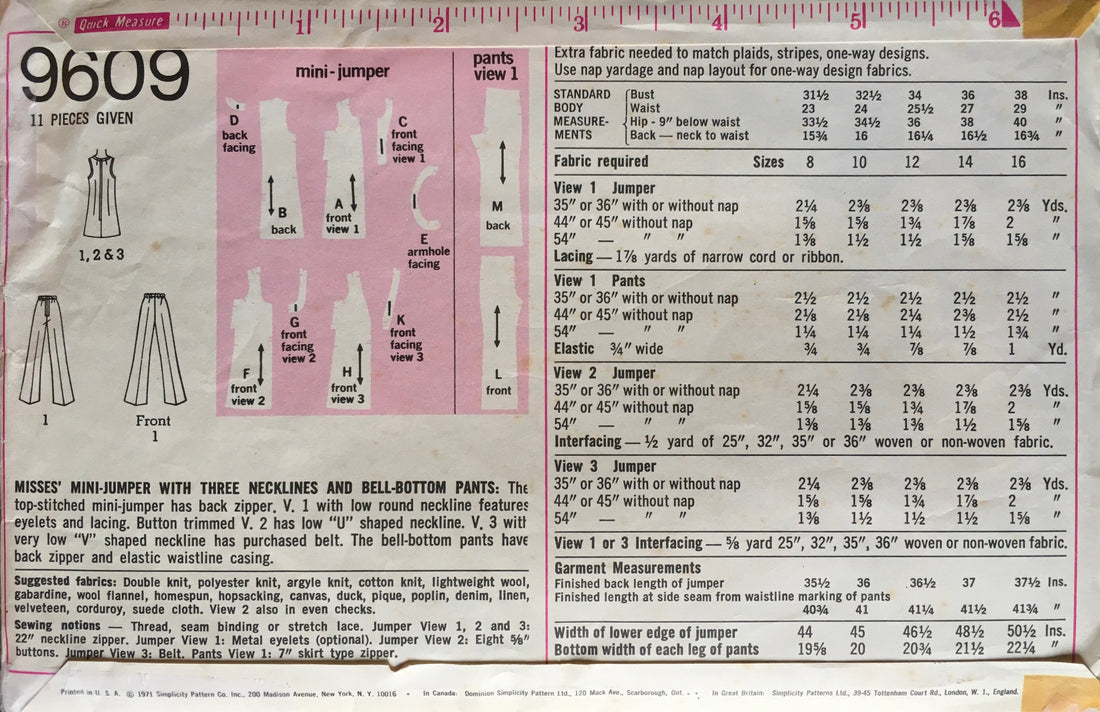 Simplicity 9609 Sewing Pattern (Vintage) UNCUT/CUT