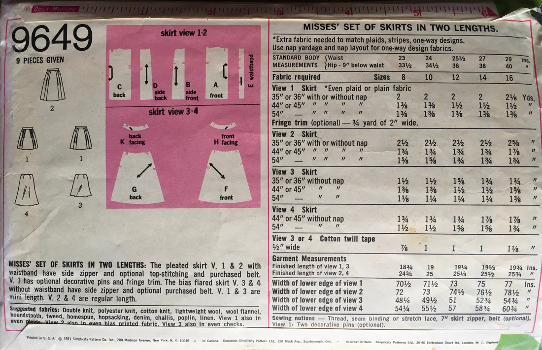 Simplicity 9649 Sewing Pattern (Vintage) CUT