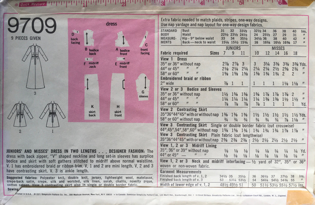 Simplicity 9709 Sewing Pattern (Vintage) UNCUT