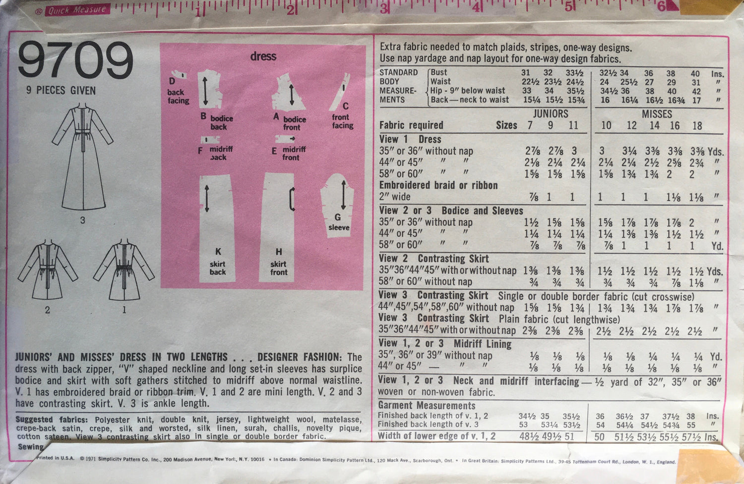 Simplicity 9709 Sewing Pattern (Vintage) UNCUT
