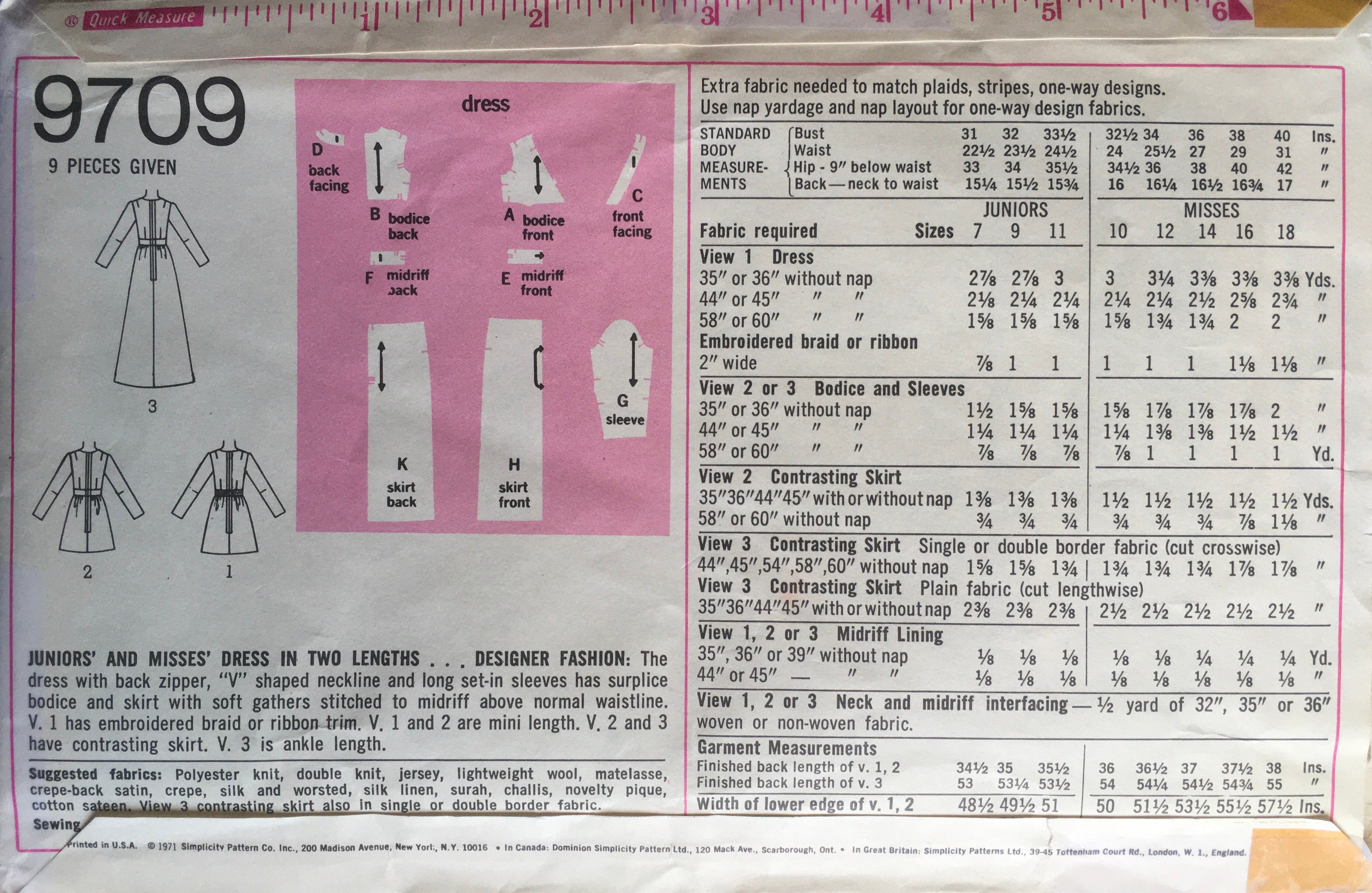 Simplicity 9709 Sewing Pattern (Vintage) UNCUT