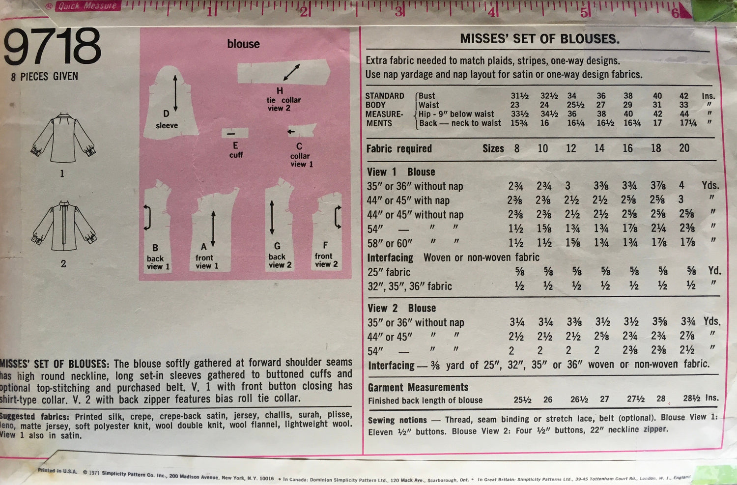 Simplicity 9718 Sewing Pattern (Vintage) CUT