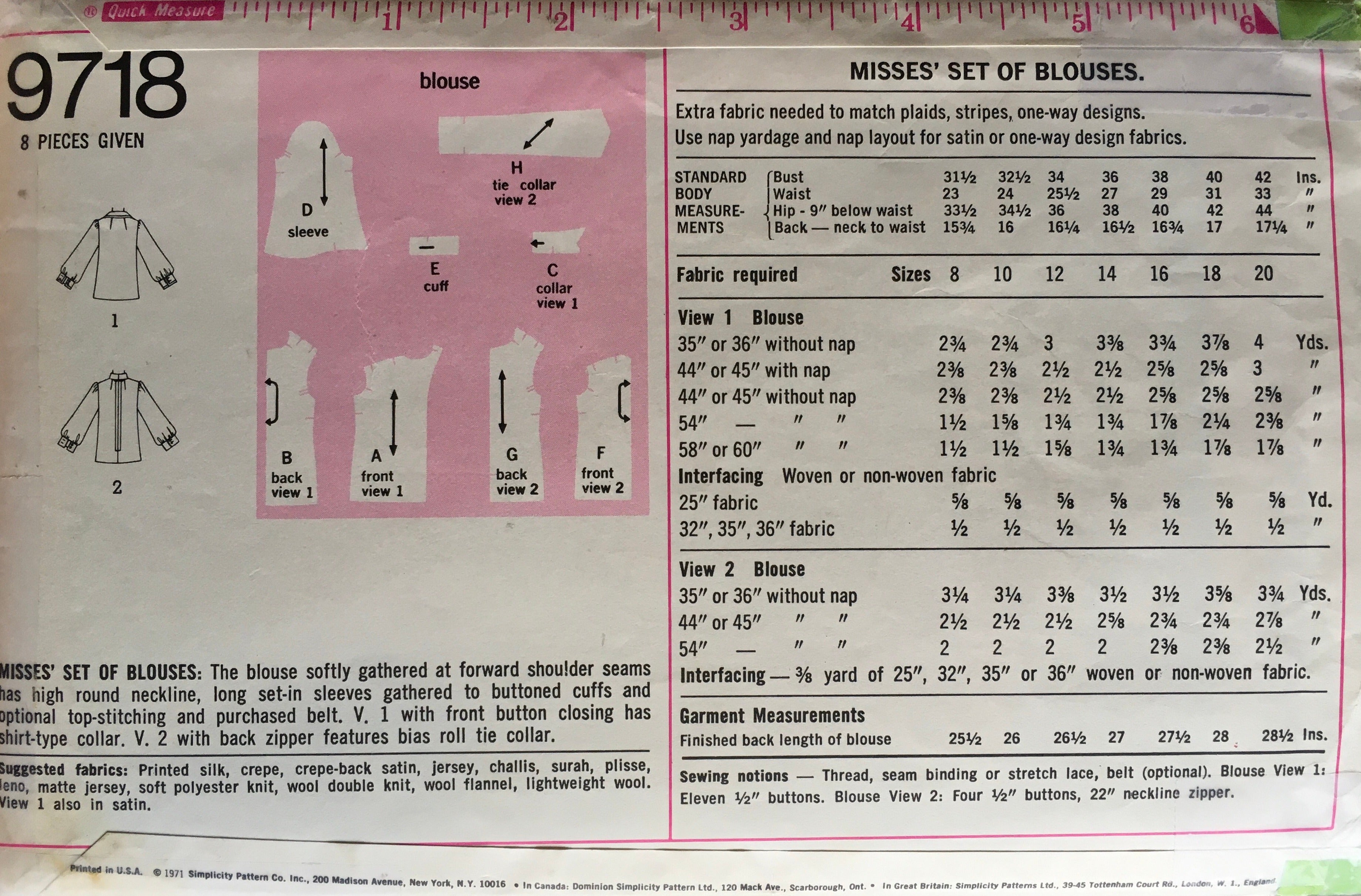 Simplicity 9718 Sewing Pattern (Vintage) CUT