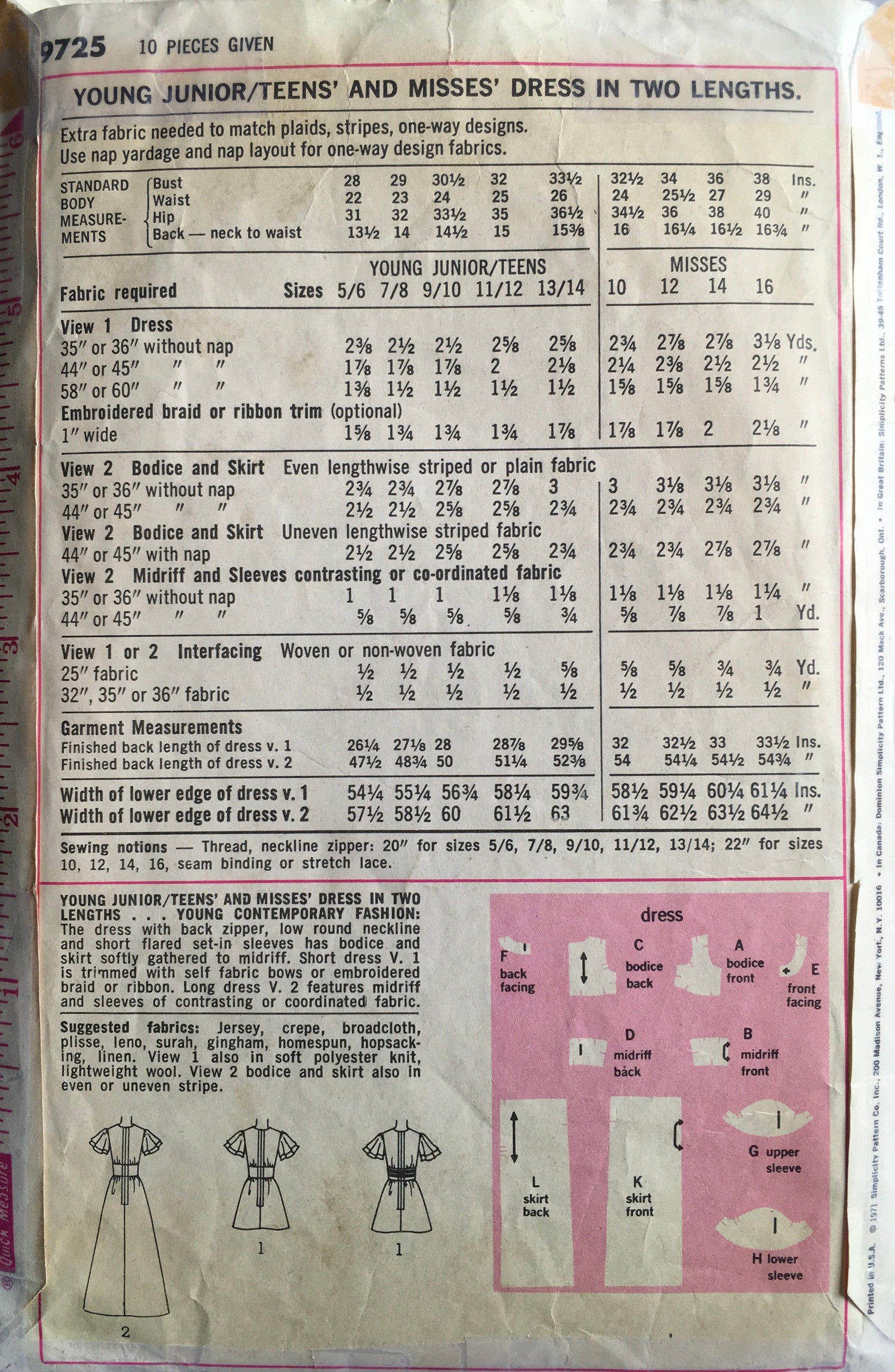 Simplicity 9725 Sewing Pattern (Vintage) CUT