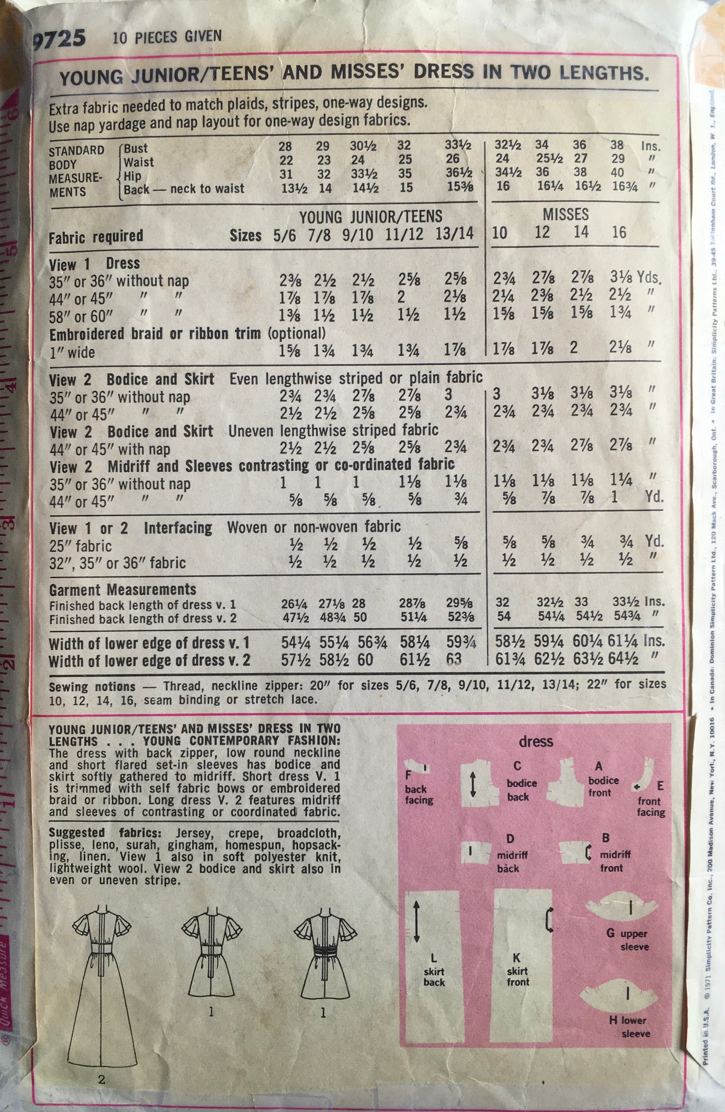 Simplicity 9725 Sewing Pattern (Vintage) CUT