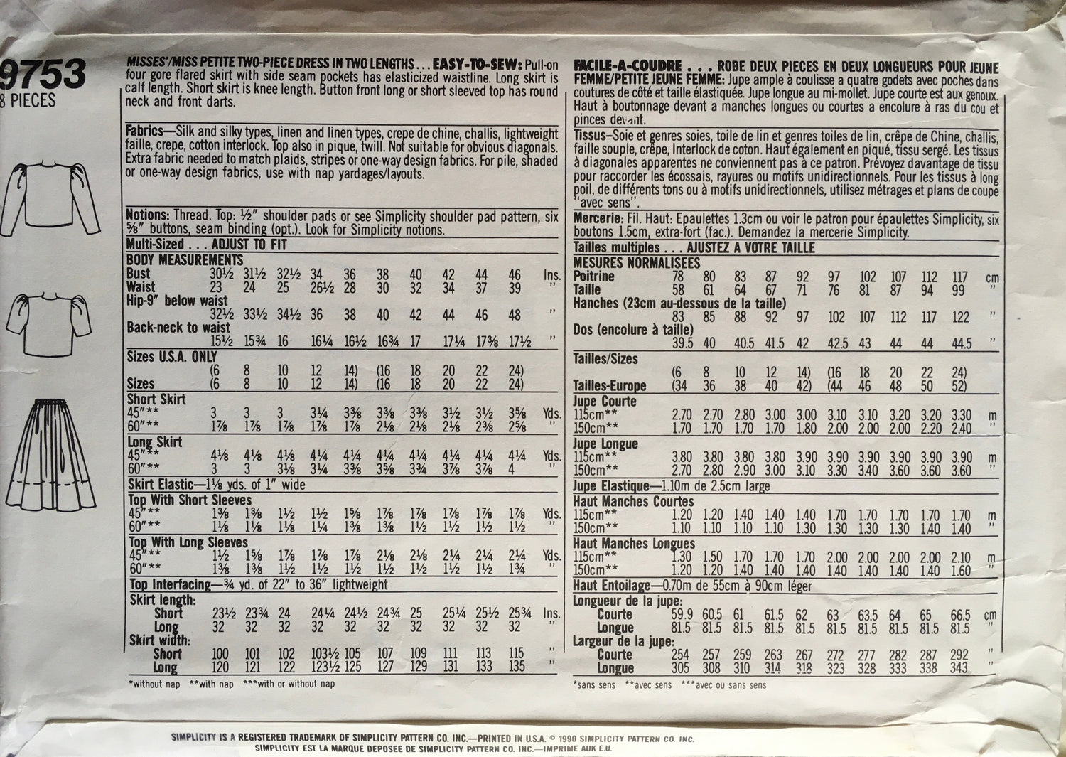Simplicity 9753 Sewing Pattern (Vintage) CUT