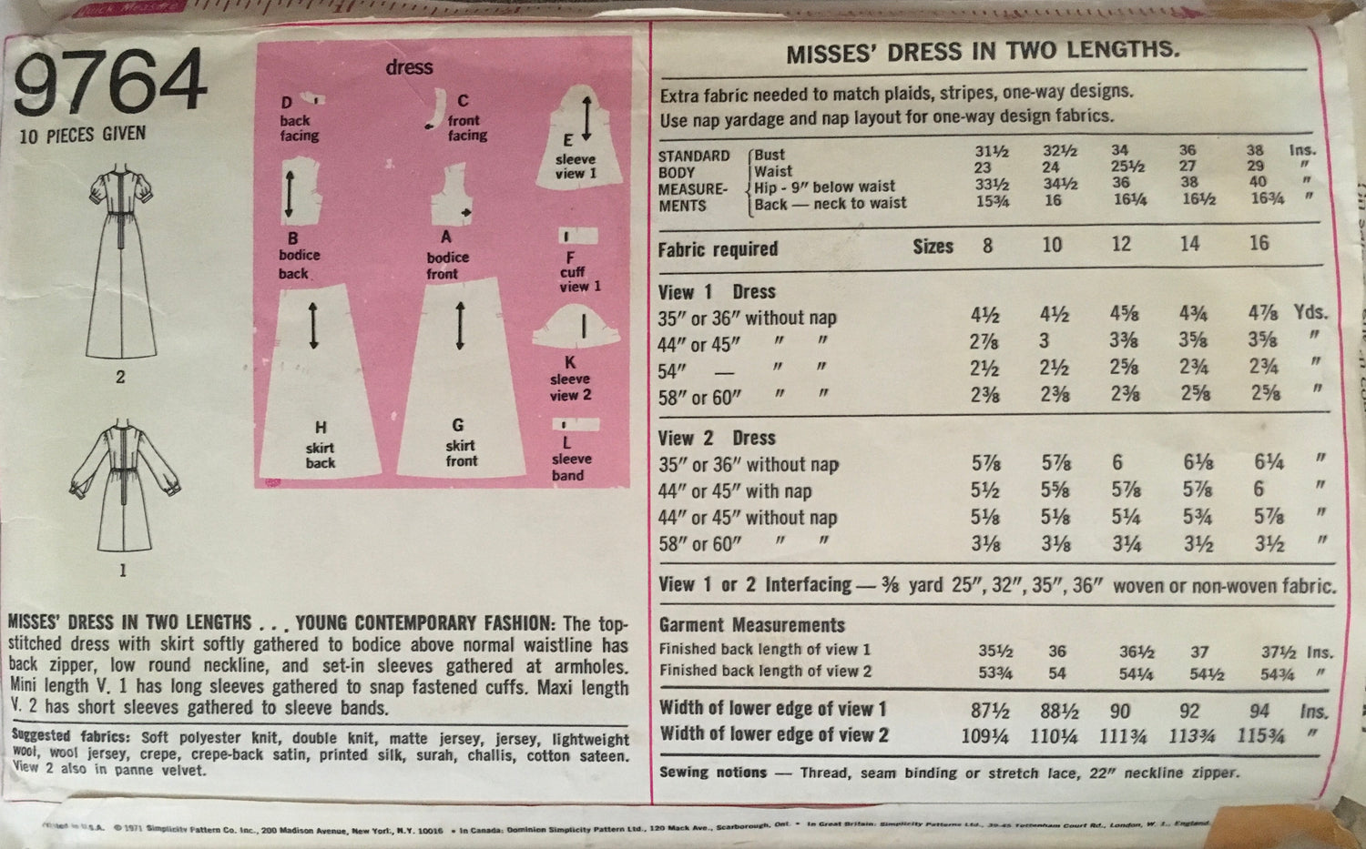 Simplicity 9764 Sewing Pattern (Vintage) CUT