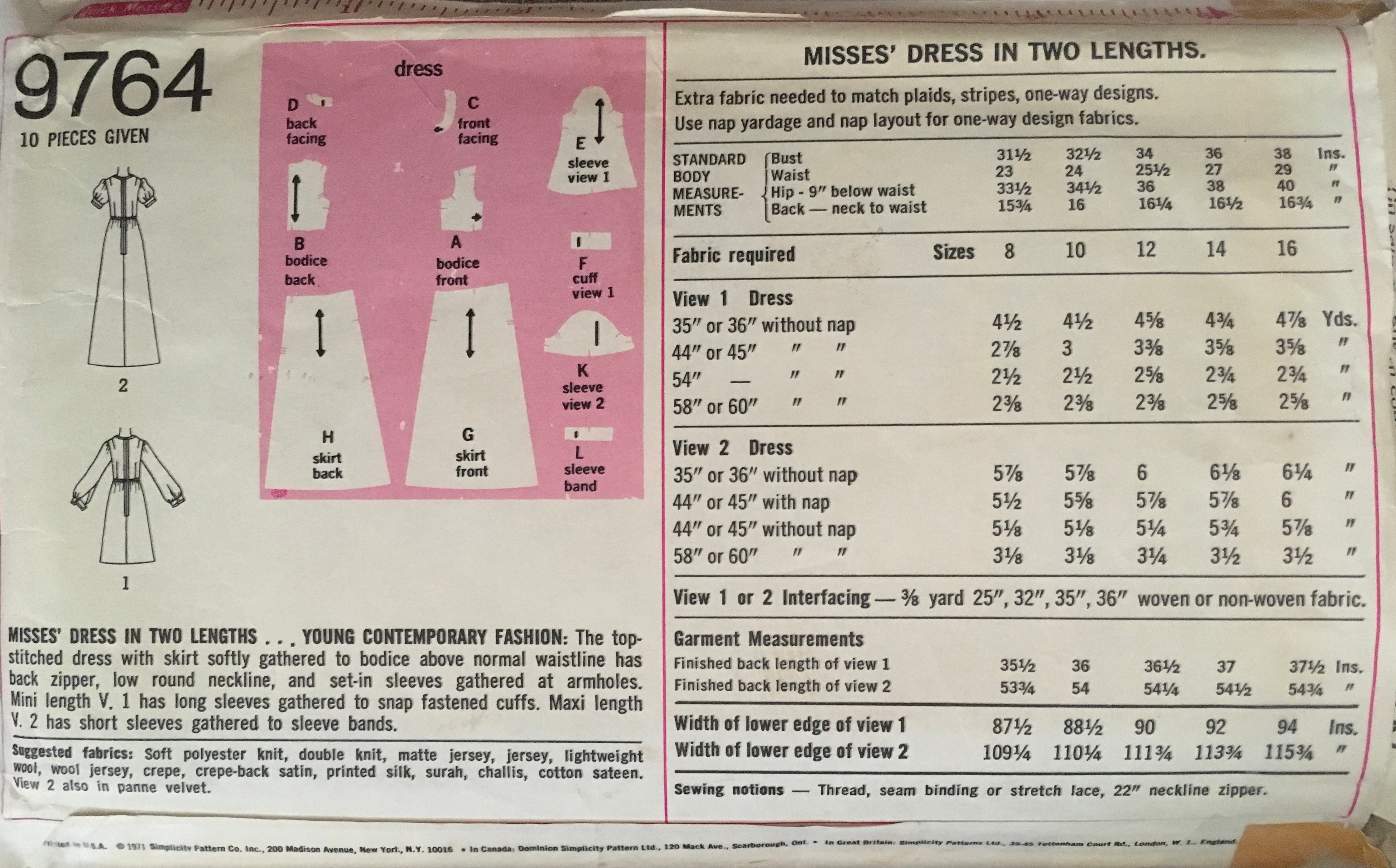 Simplicity 9764 Sewing Pattern (Vintage) CUT