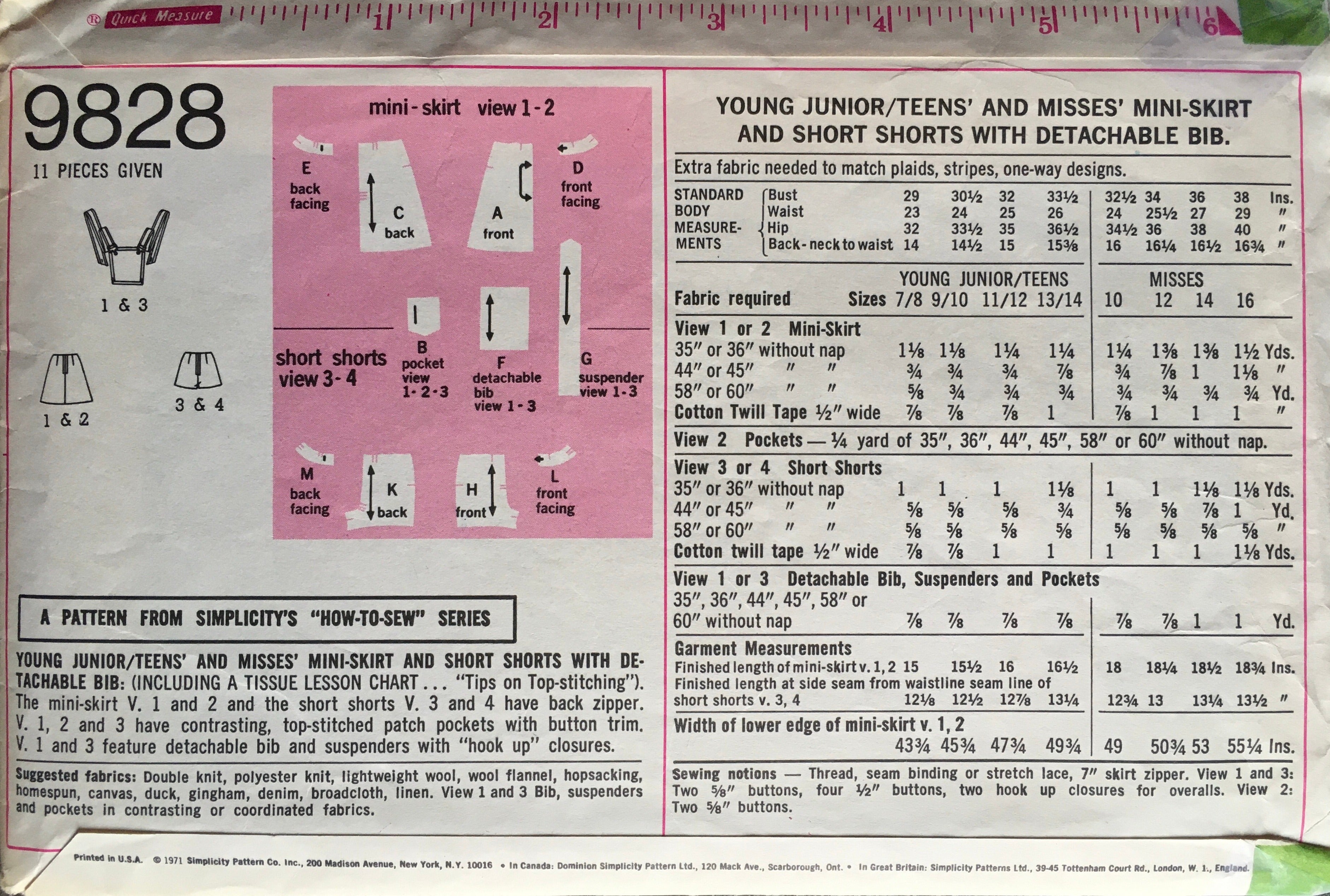 Simplicity 9828 Sewing Pattern (Vintage) CUT