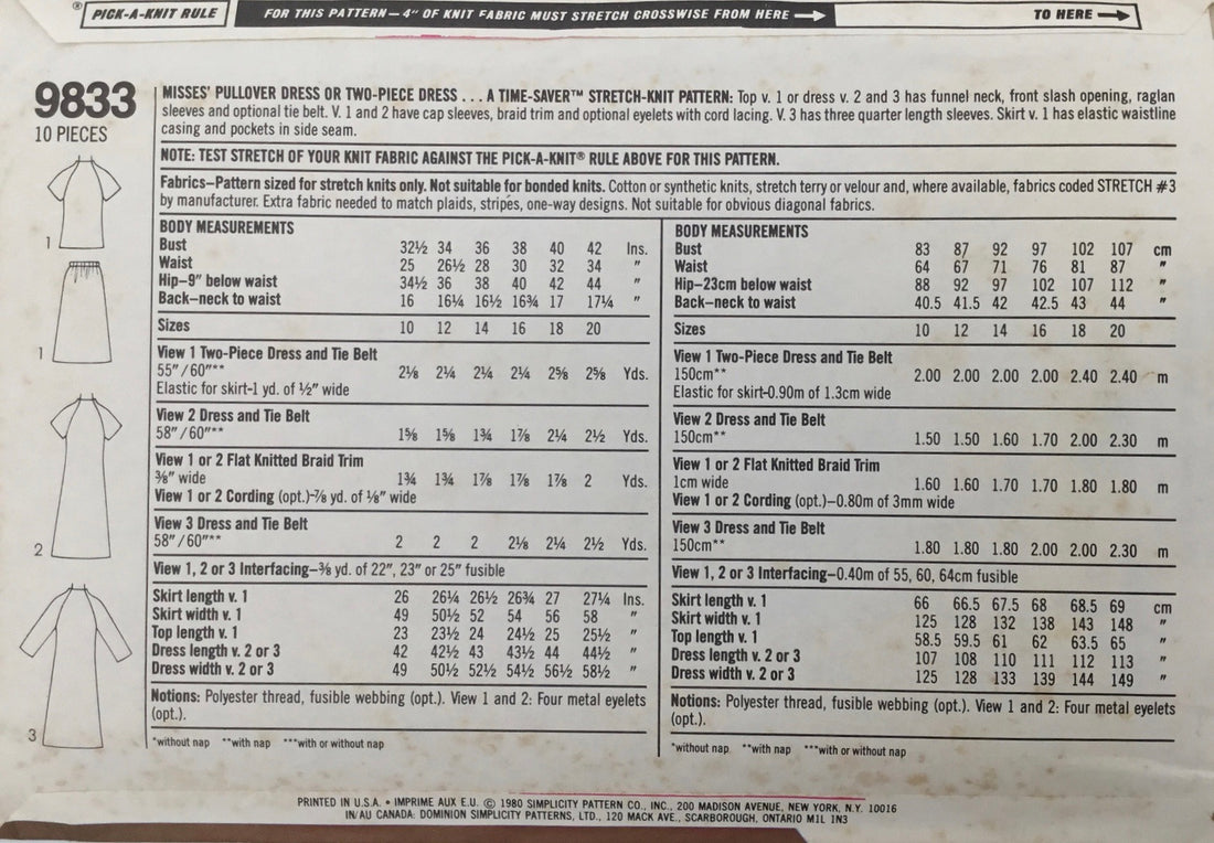 Simplicity 9833 Sewing Pattern (Vintage) CUT