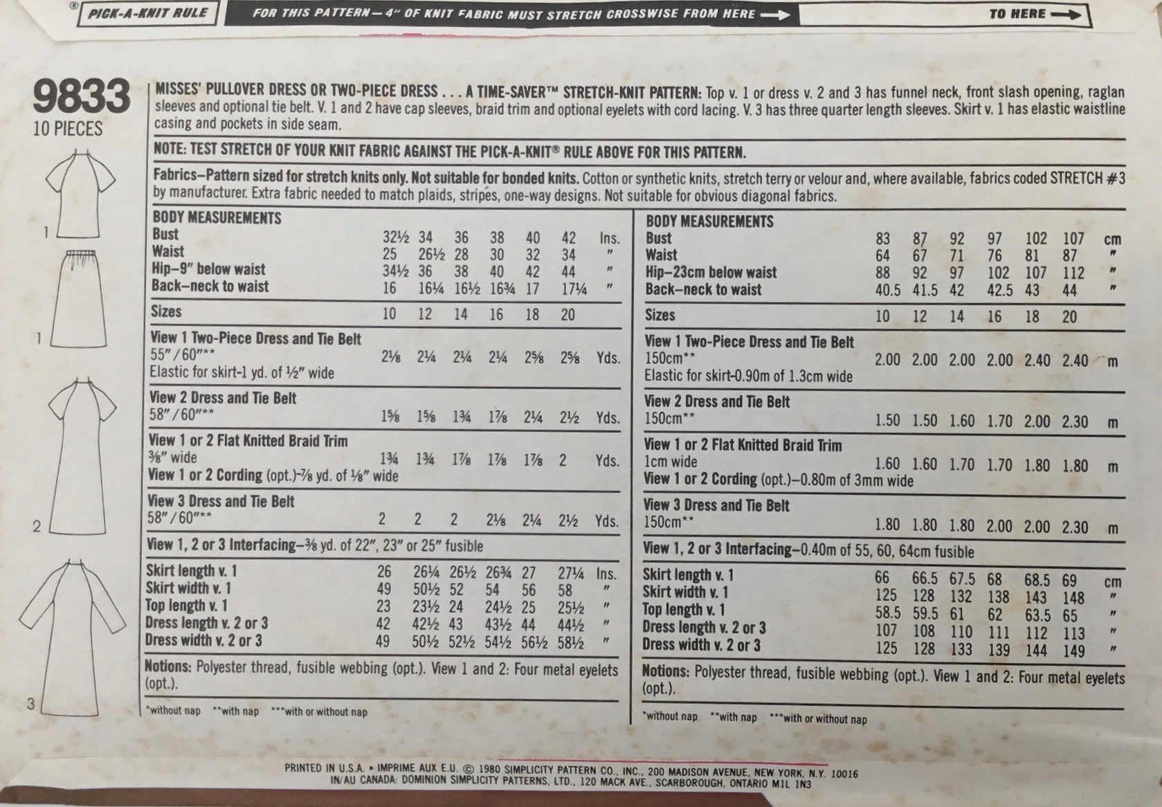 Simplicity 9833 Sewing Pattern (Vintage) CUT