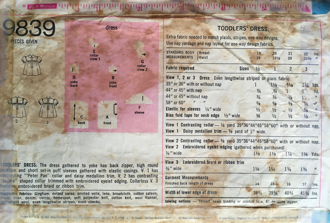 Simplicity 9839 Sewing Pattern (Vintage) CUT