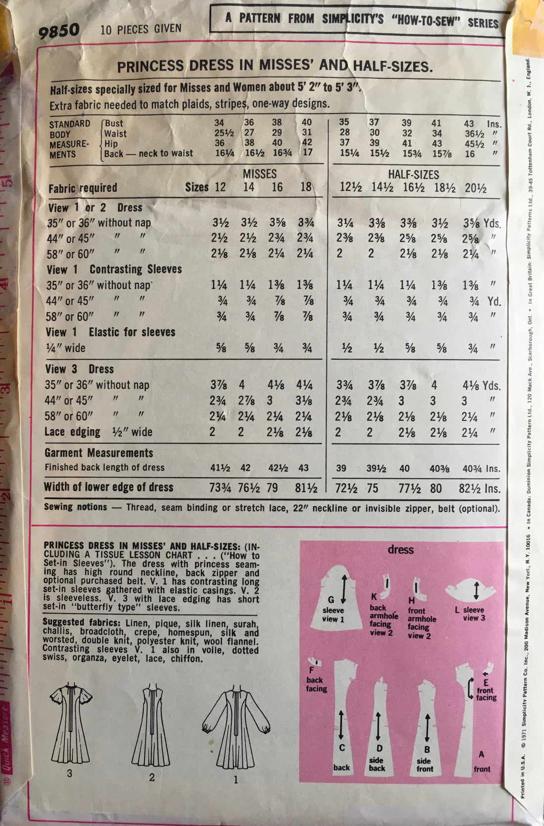 Simplicity 9850 Sewing Pattern (Vintage) CUT