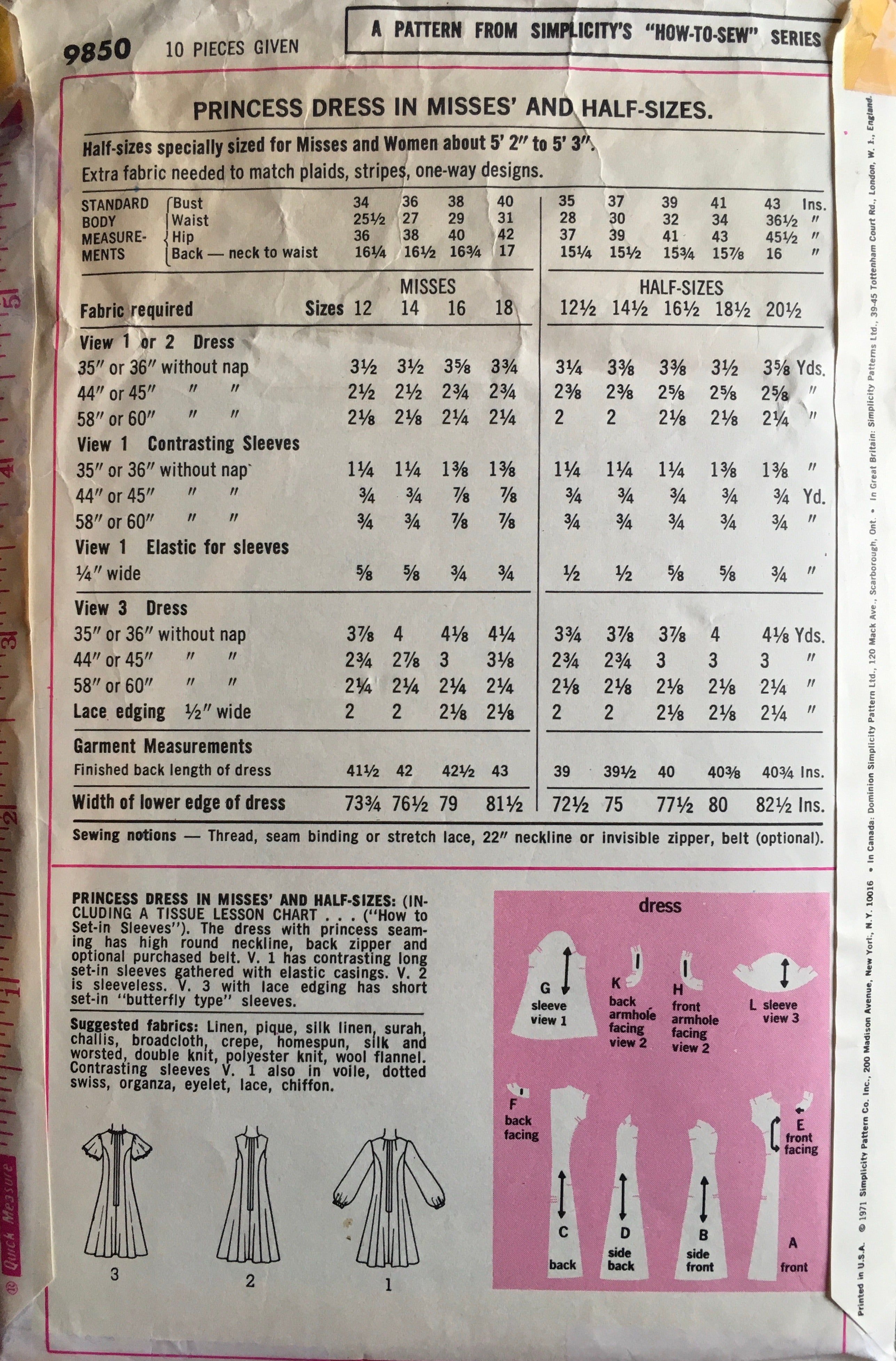 Simplicity 9850 Sewing Pattern (Vintage) CUT