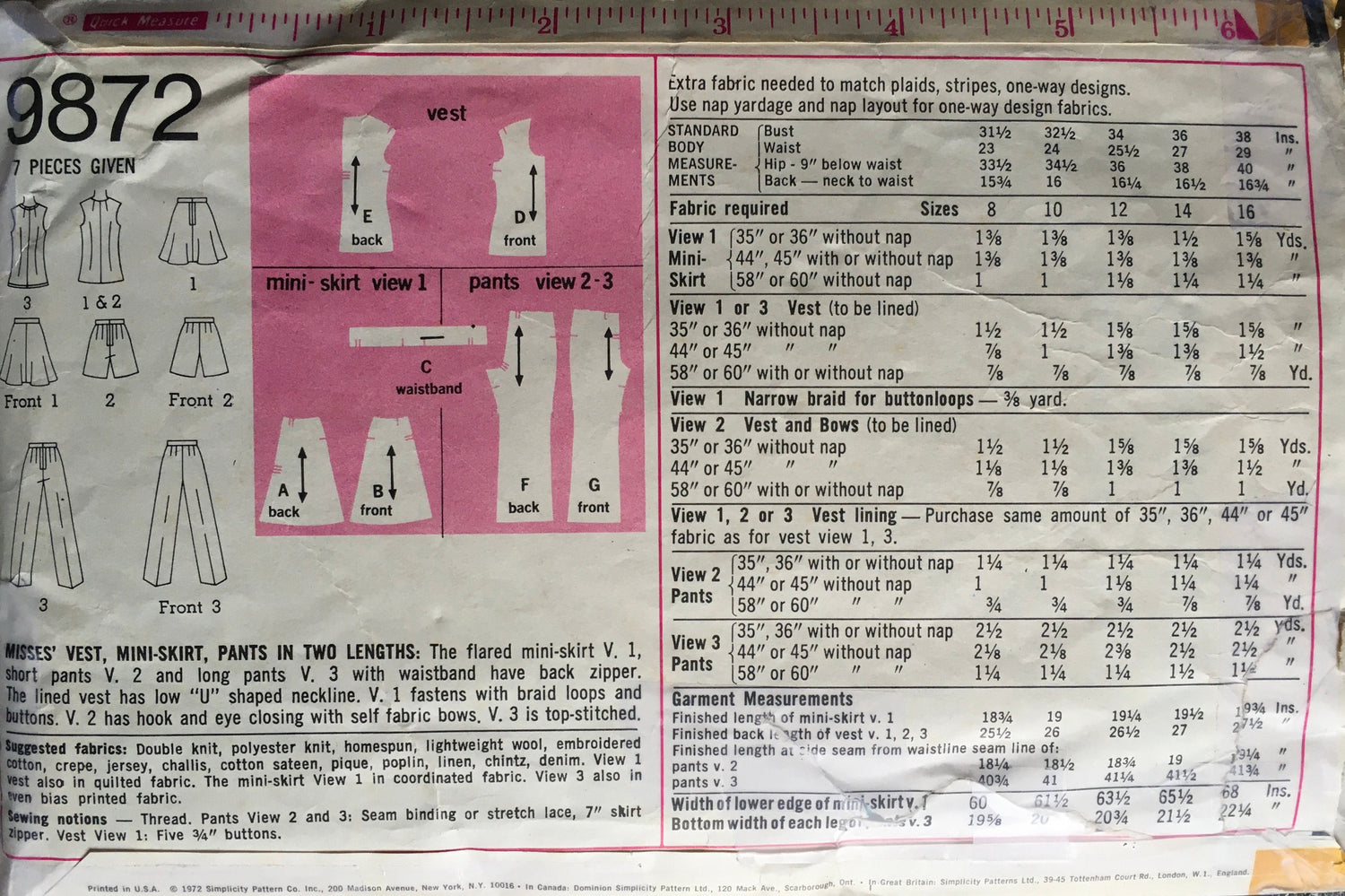 Simplicity 9872 Sewing Pattern (Vintage) CUT