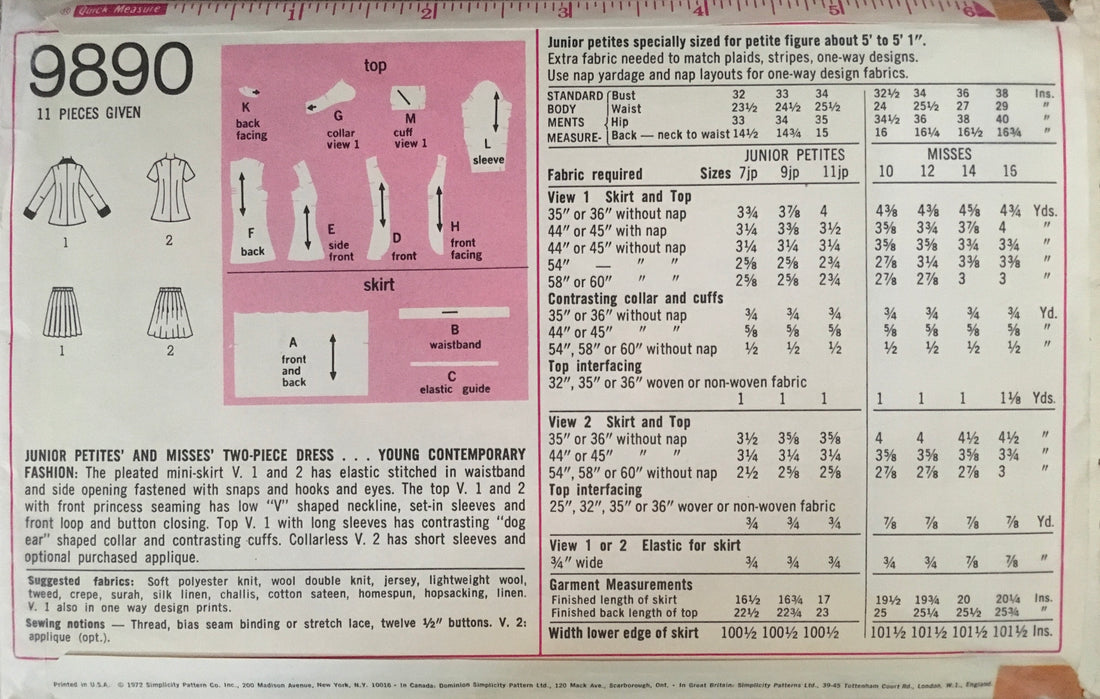 Simplicity 9890 Sewing Pattern (Vintage) CUT